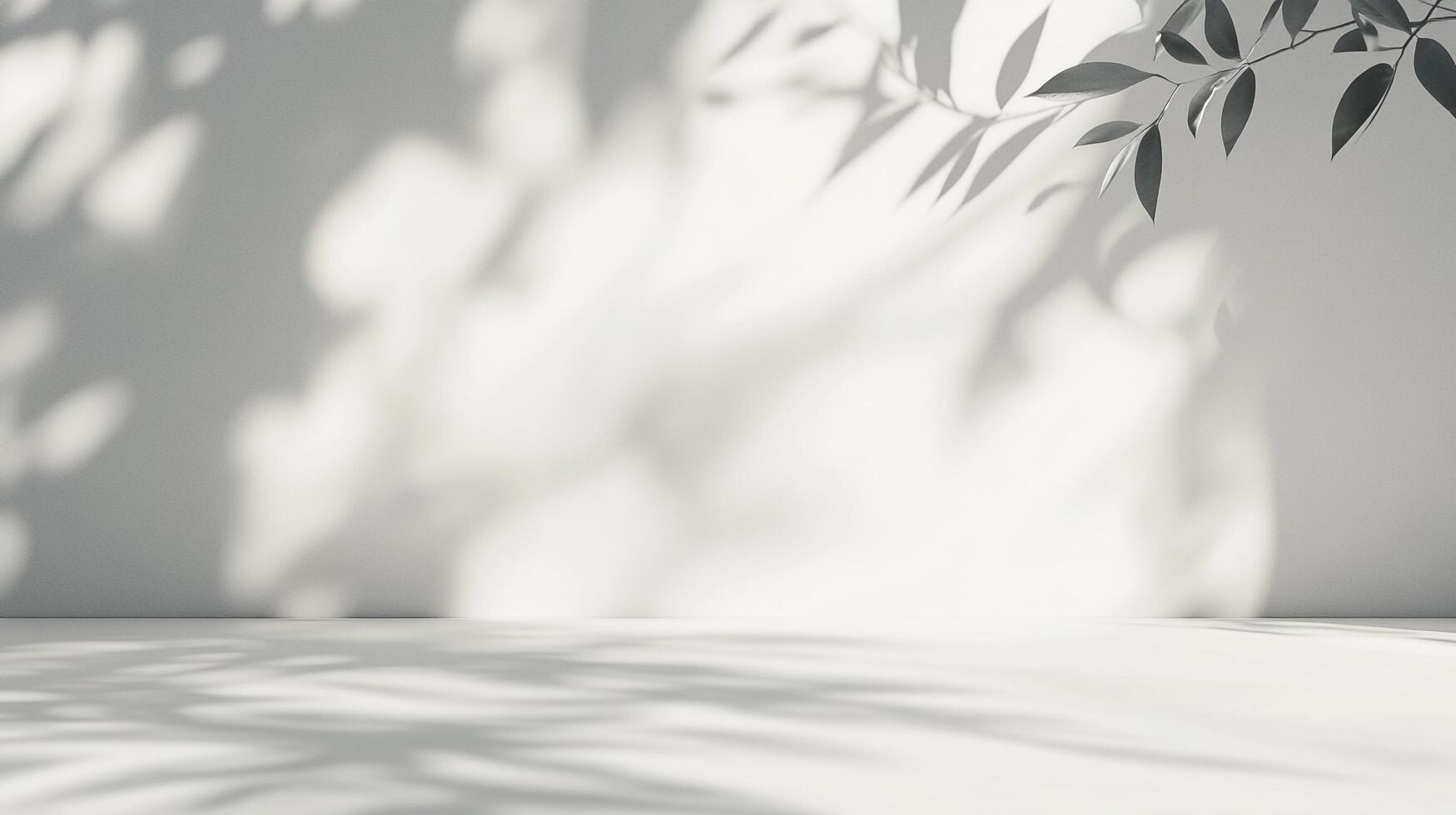 Minimalist scene with leaf shadows dancing on a pristine white wall and floor, creating a serene, organic ambiance. Pure elegance. photo