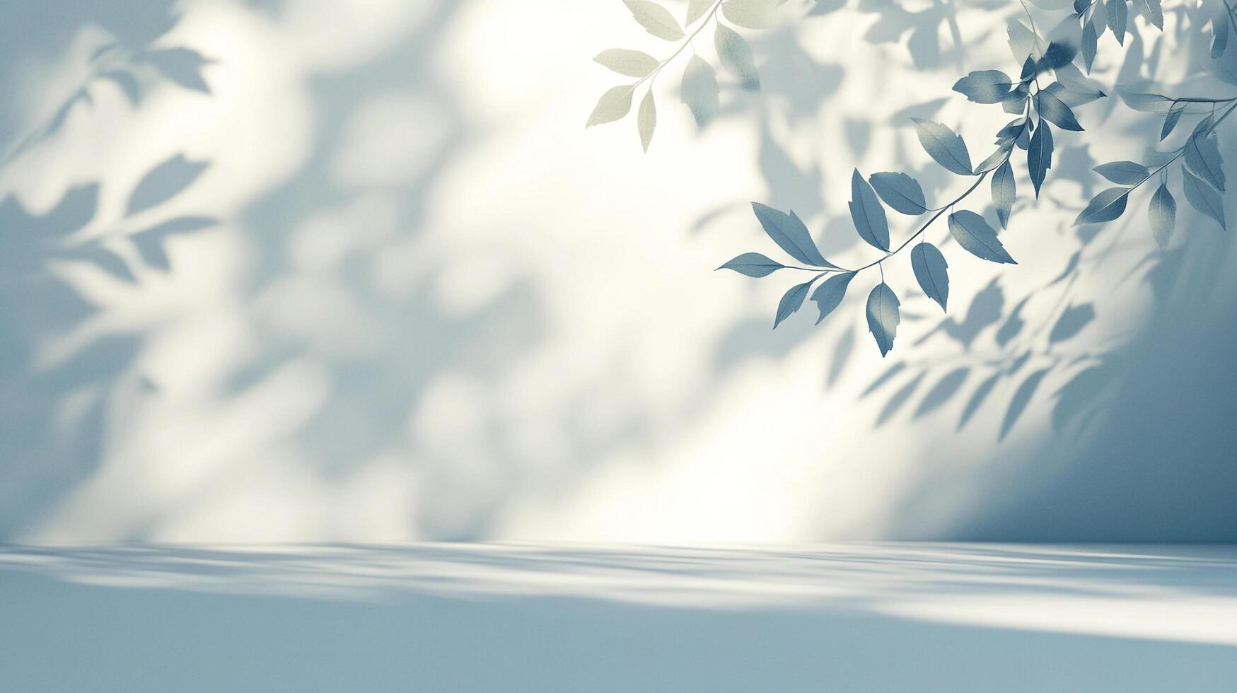 Dreamy scene showcasing delicate leaf shadows dancing on a serene wall, creating a tranquil and ethereal ambience in a minimalist studio setting. photo