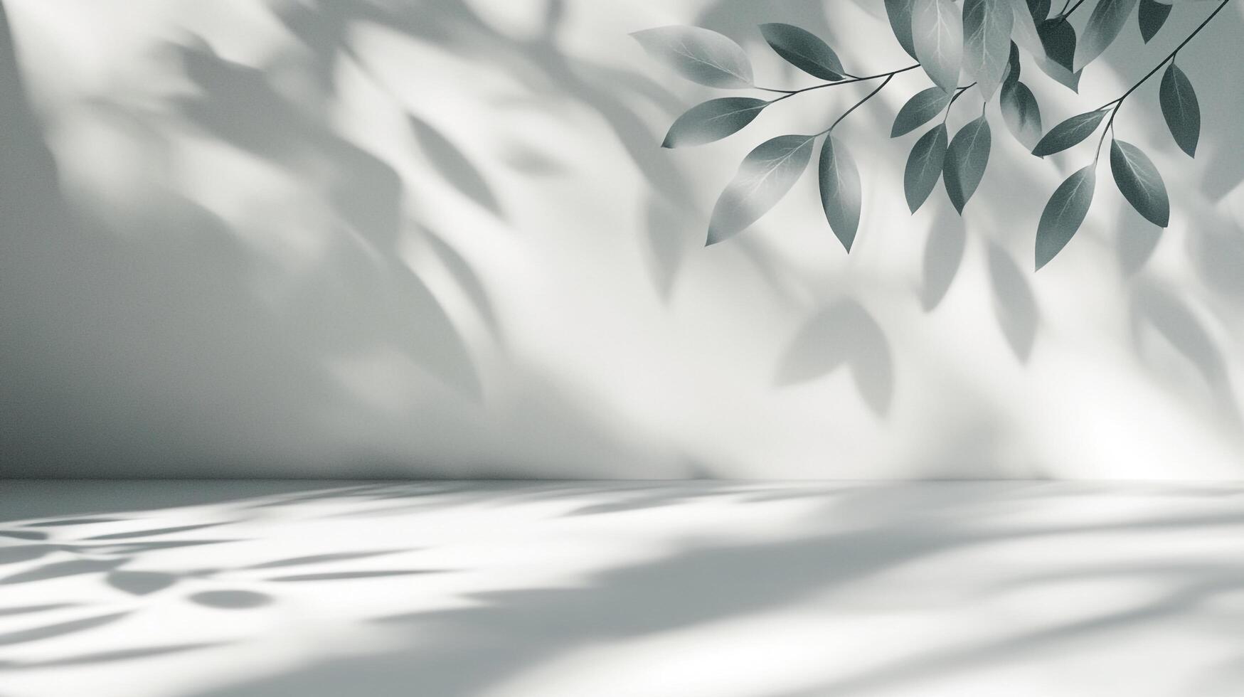 Minimalist scene with leaf shadows cast on a stark white wall and floor, creating a serene and modern aesthetic background. photo