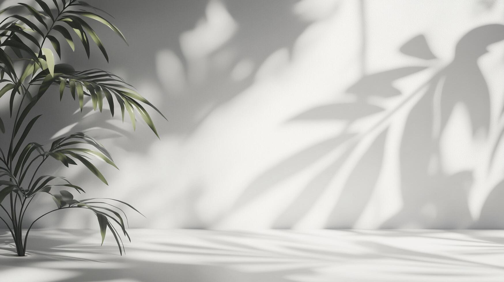 A lush houseplant, positioned to the side, casts an intricate shadow dance on the wall, creating a striking contrast of light and shadow. photo