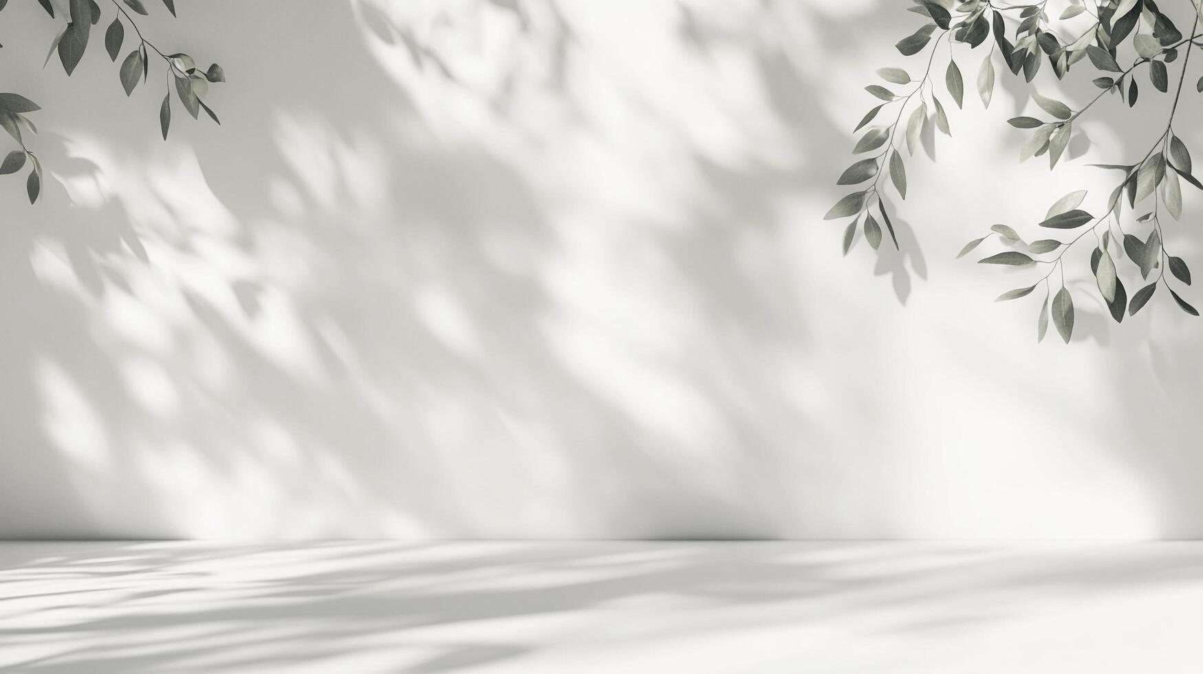 Elegant minimalist interior with a bright white wall adorned with delicate leaf shadows, creating a serene and inviting atmosphere. photo