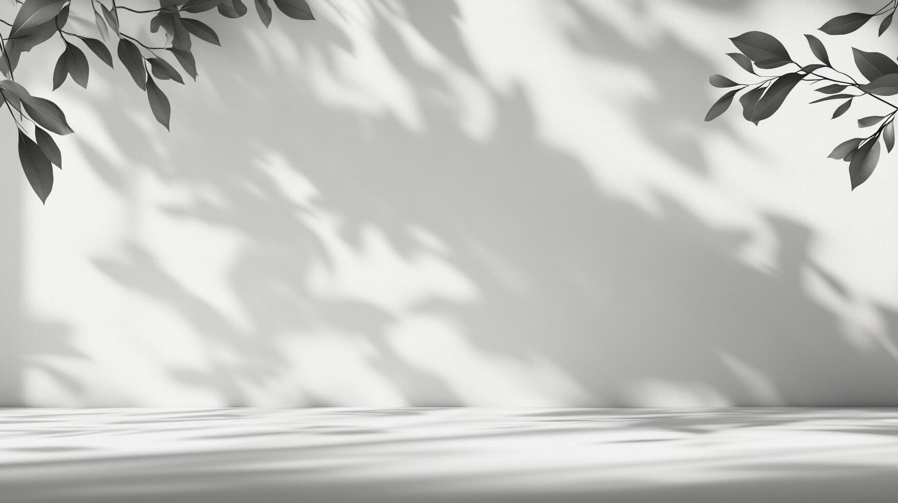 Monochromatic leaves casting dynamic shadows on a pristine white wall, creating an atmosphere of serene minimalist aesthetic. photo