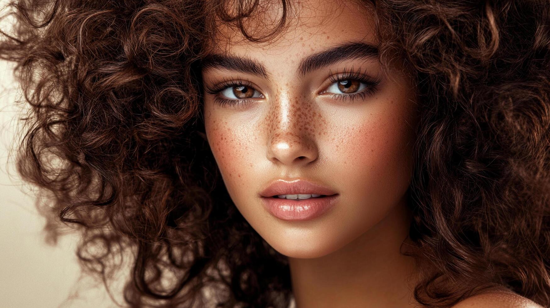Portrait of a woman with curly hair and freckles, her face is naturally beautiful. A close-up view emphasizing her features. photo
