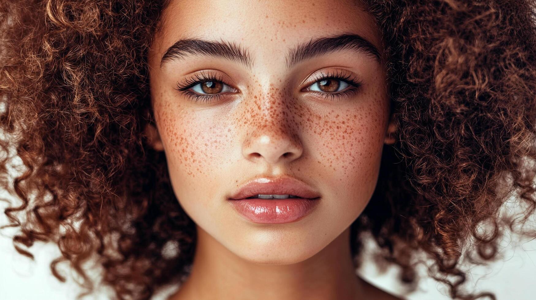 Close-up shot of a beautiful young woman with stunning brown eyes, striking freckles, and voluminous curly hair, showcasing natural beauty. photo