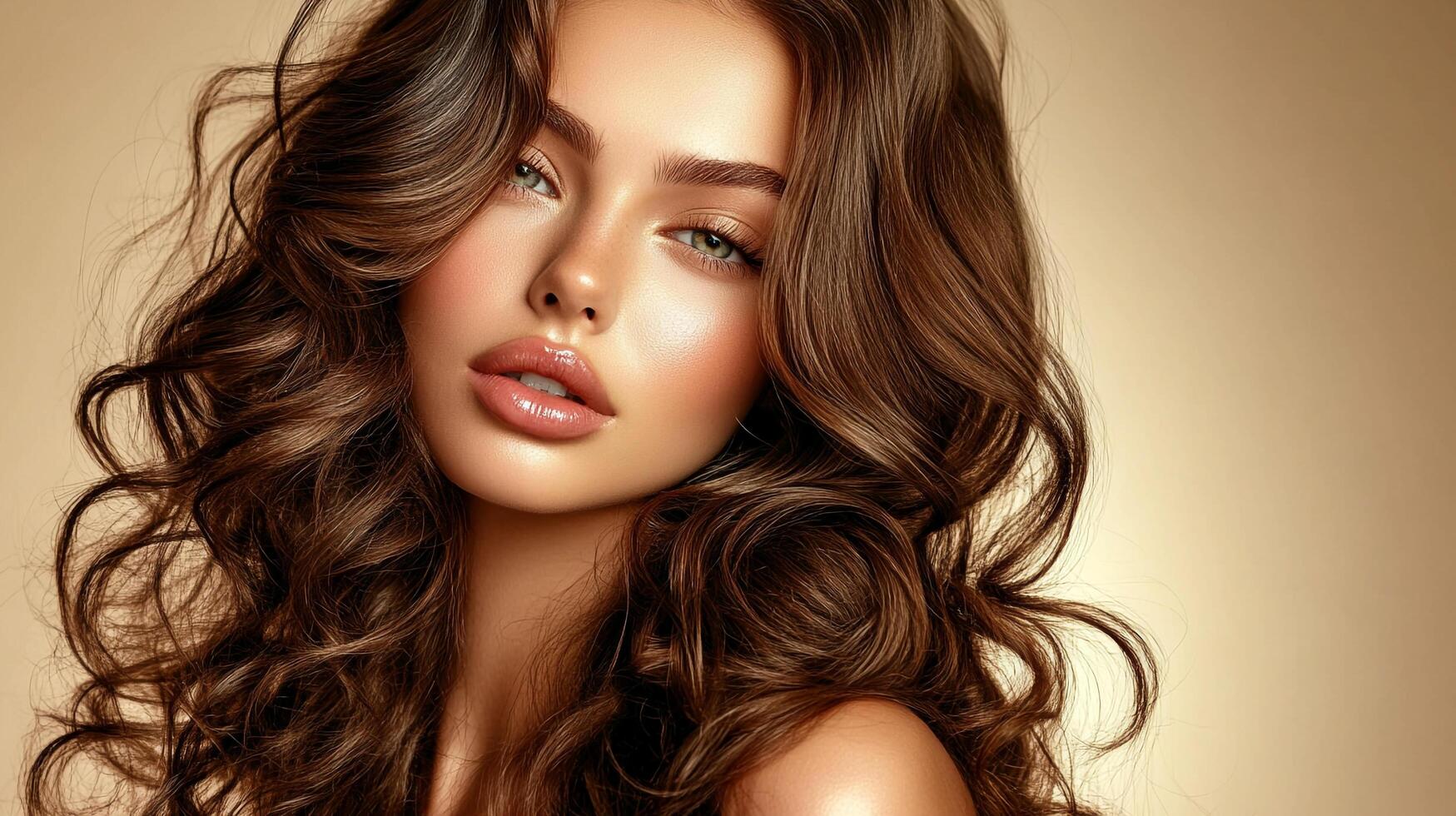 Stunning brunette woman with flawless makeup and voluminous, curly hair against a neutral backdrop highlighting her beauty and elegance. photo