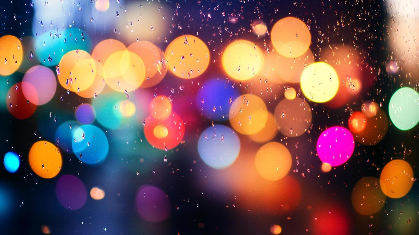 A mesmerizing dance of colorful bokeh lights behind a rain-streaked window, creating a dreamy, abstract cityscape at night. photo