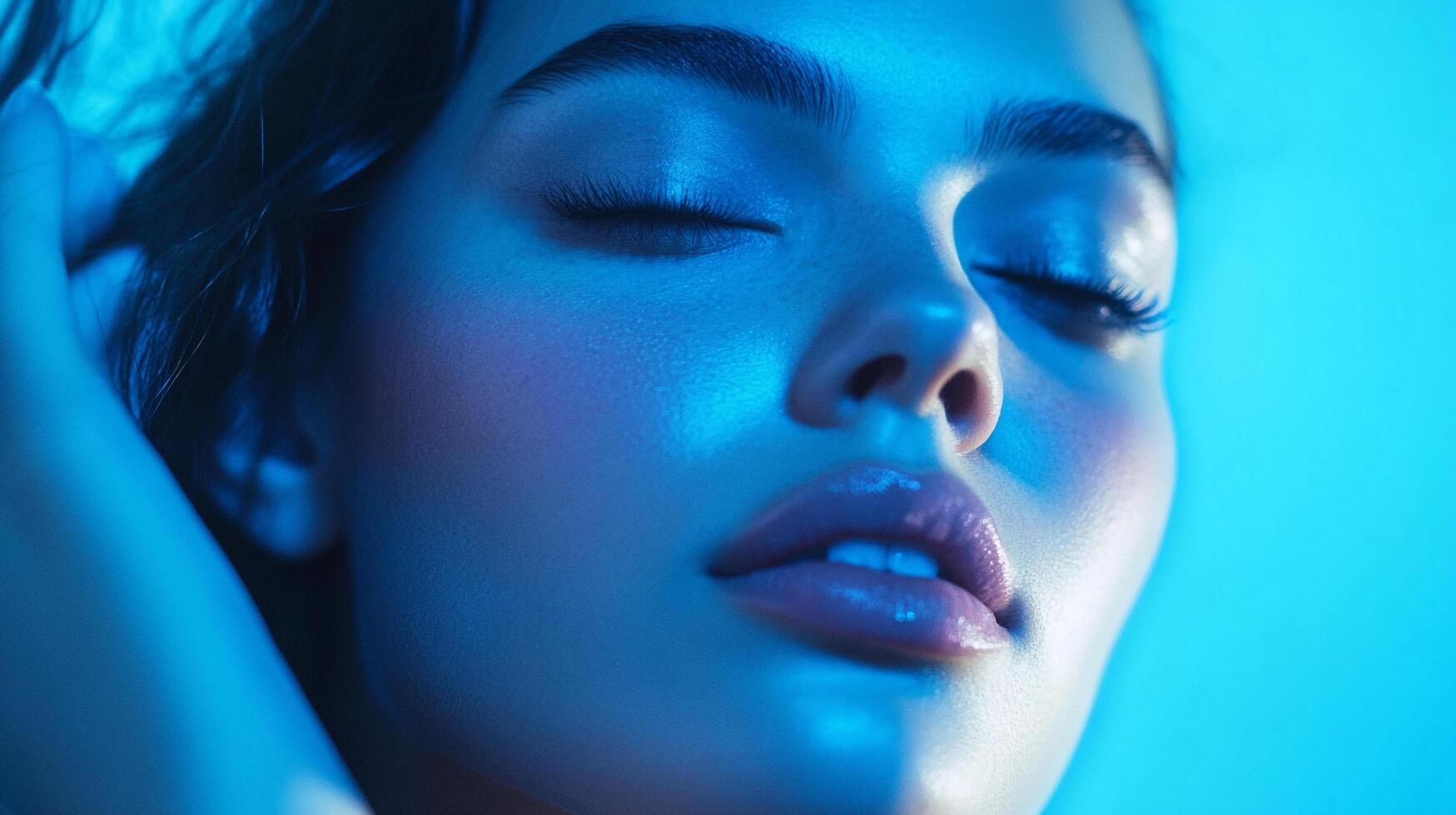 Close-up portrait of a woman with her eyes closed, bathed in a luminous blue light, showcasing serene beauty and radiant skin. photo