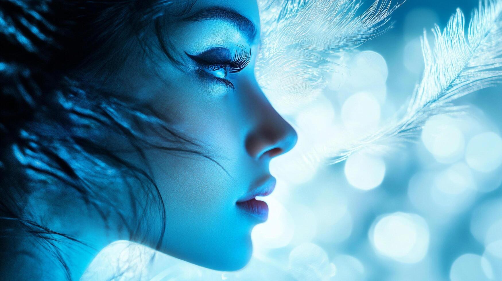 Profile of a woman with artistic makeup and feathers against a bokeh background, highlighted in cool blue tones for an ethereal effect. photo