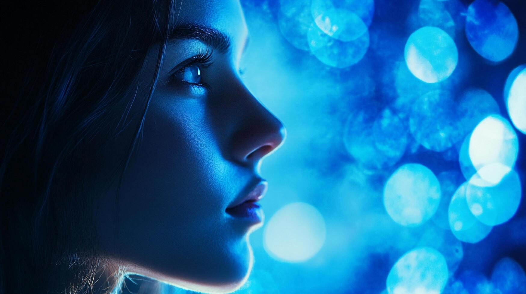 Profile of a woman with radiant blue light reflecting off her skin creating a dreamy and ethereal atmosphere. Captivating portrait. photo