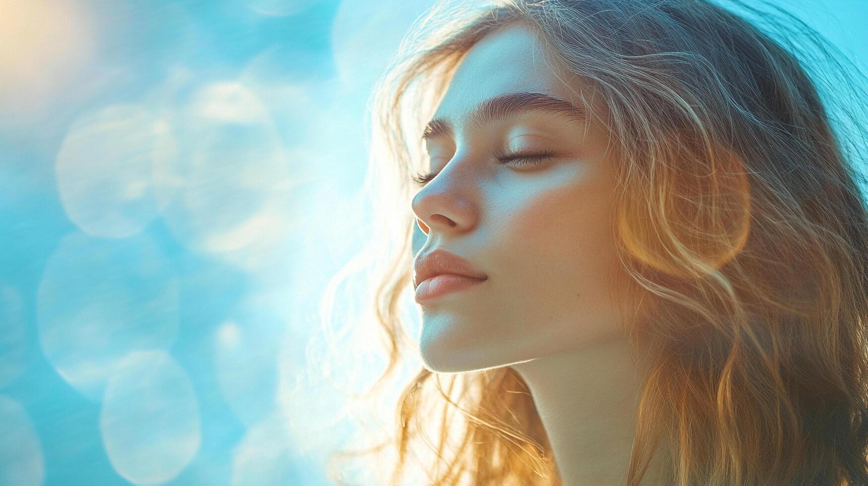 Dreamy portrait of a young woman with her eyes closed, bathed in a gentle glow against an abstract blue background. photo
