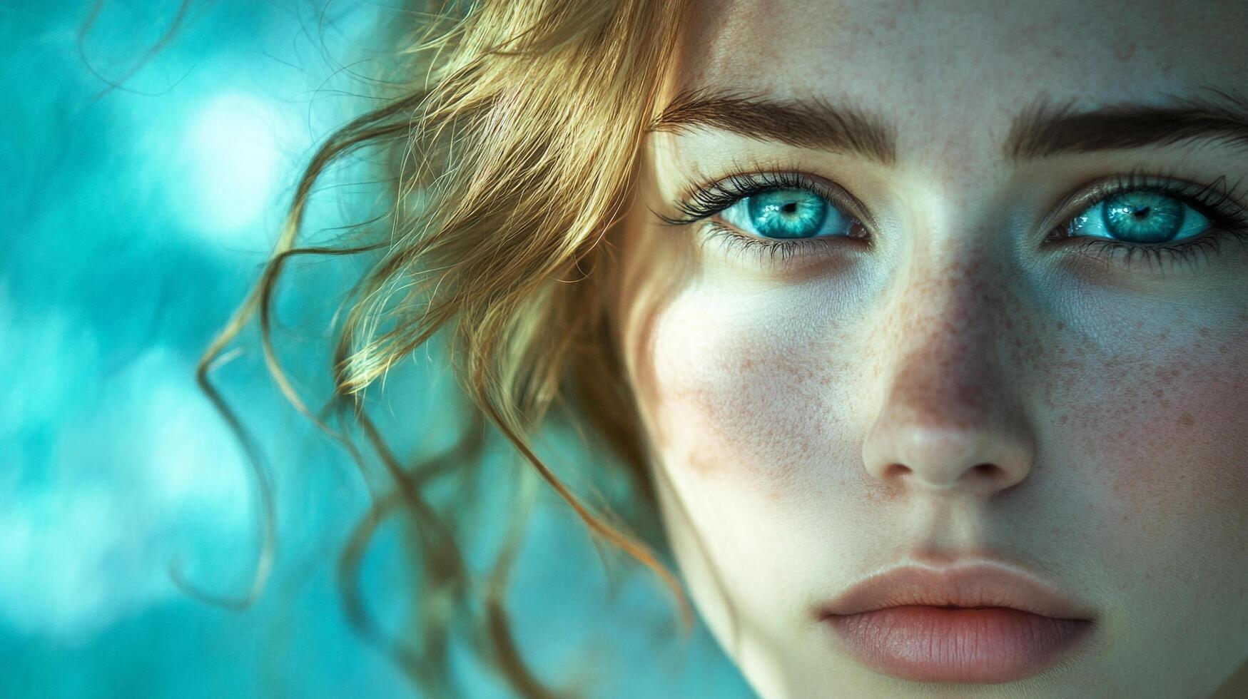 Close-up of a woman with fair skin, freckles, and striking blue eyes, set against an abstract teal background. Gentle, ethereal beauty. photo