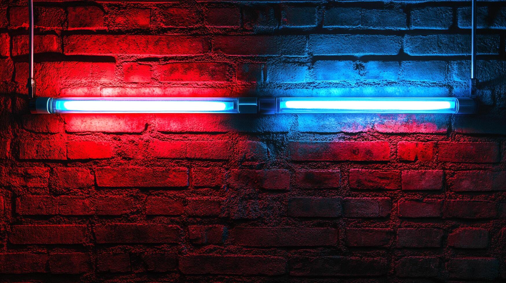 Red and blue tubes cast light on a brick wall, creating a vibrant and contrasting visual. The colors play off the texture. photo
