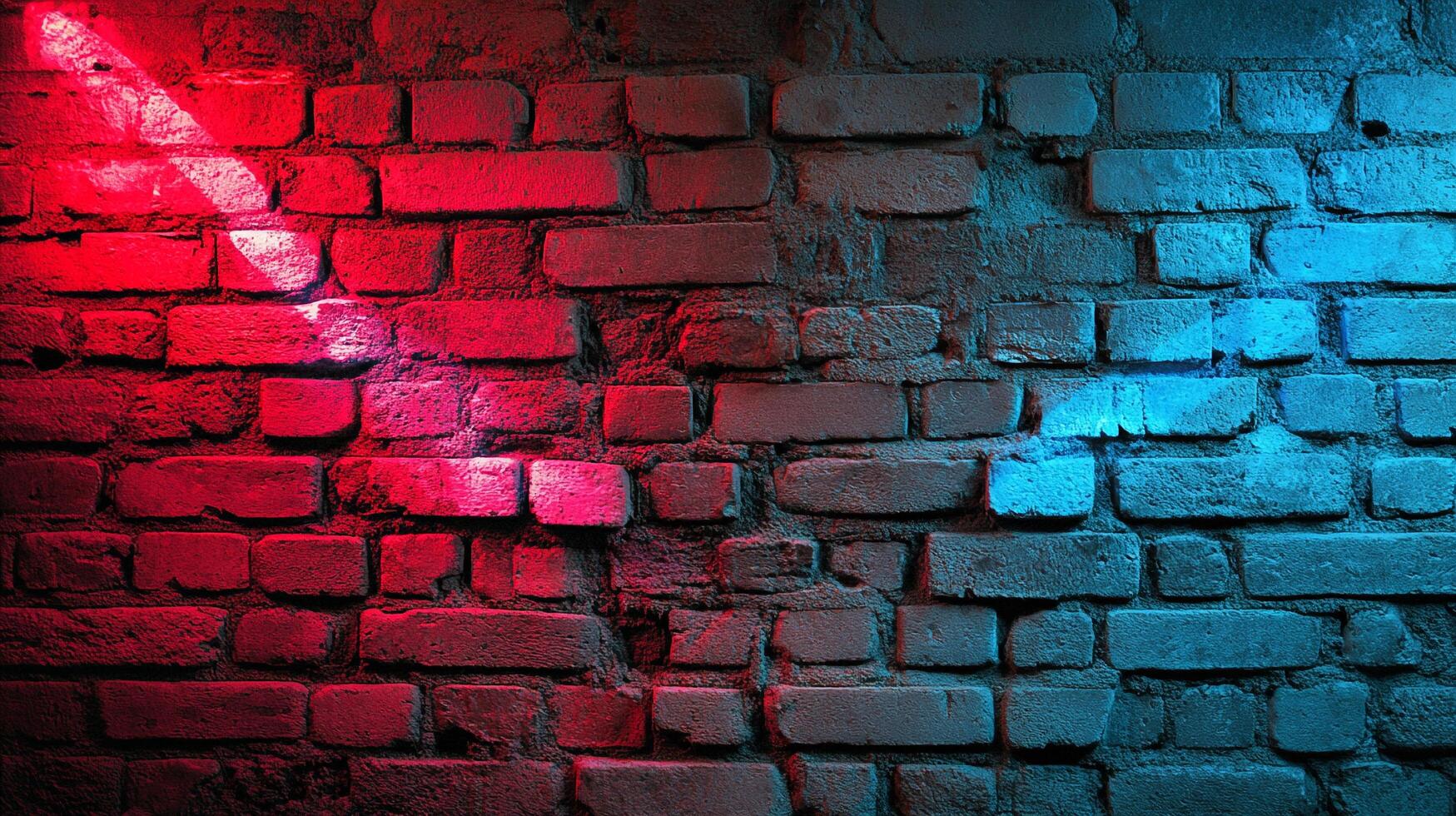 A vibrant brick wall illuminated with contrasting red and blue lights, creating a colorful and textured urban backdrop. photo