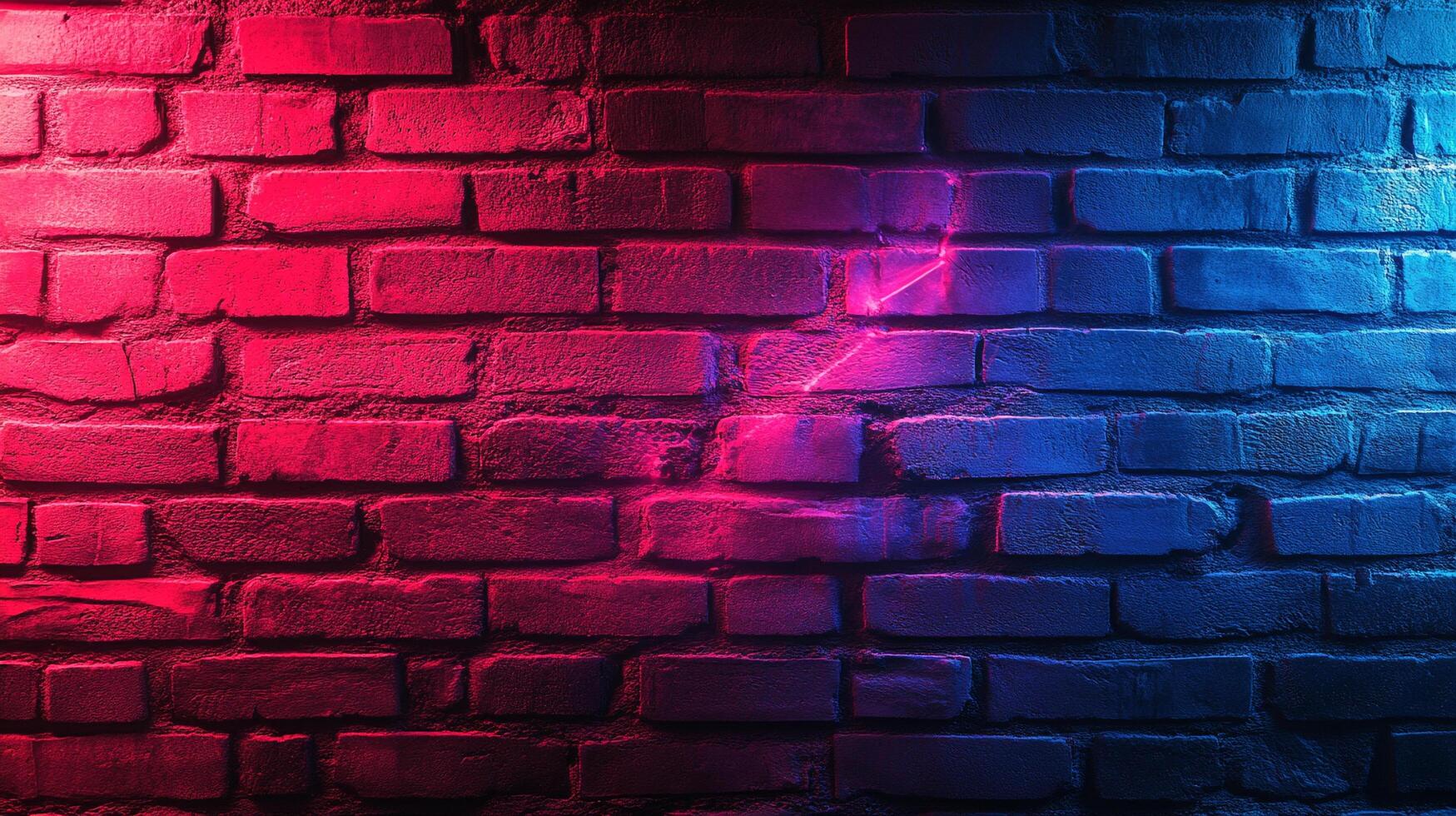 Brick wall bathed in vibrant colors. Half is illuminated by bright red, the other by cool blue, with a neon laser line dividing them. photo