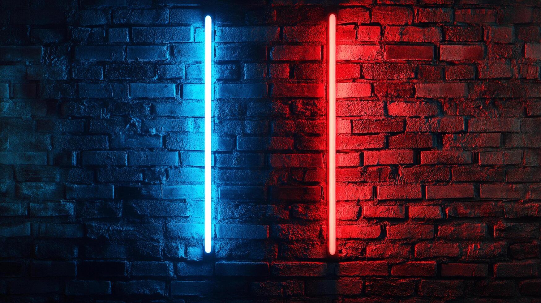 Abstract brick wall illuminated by neon lights in blue and red, creating a vibrant contrast and modern visual texture. photo