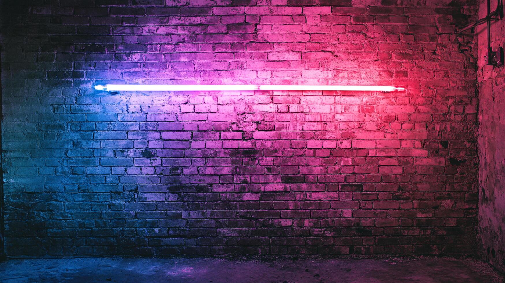 Illuminated brick wall bathed in neon hues, the horizontal light fixture contrasts against aged bricks. The light creates color gradients. photo