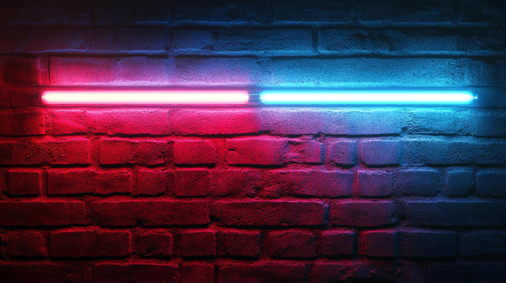 Neon lights accentuating a brick wall, divided into vibrant hues of red and blue, creating an ambiance of urban contrast and modern style. photo