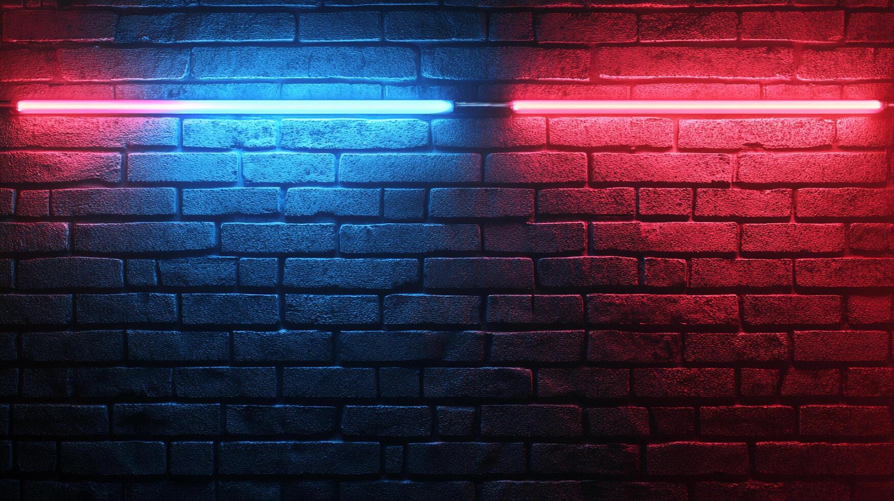 Abstract neon lights on a brick wall. Blue and red lights contrast. Modern design with vivid colors and textured background. photo