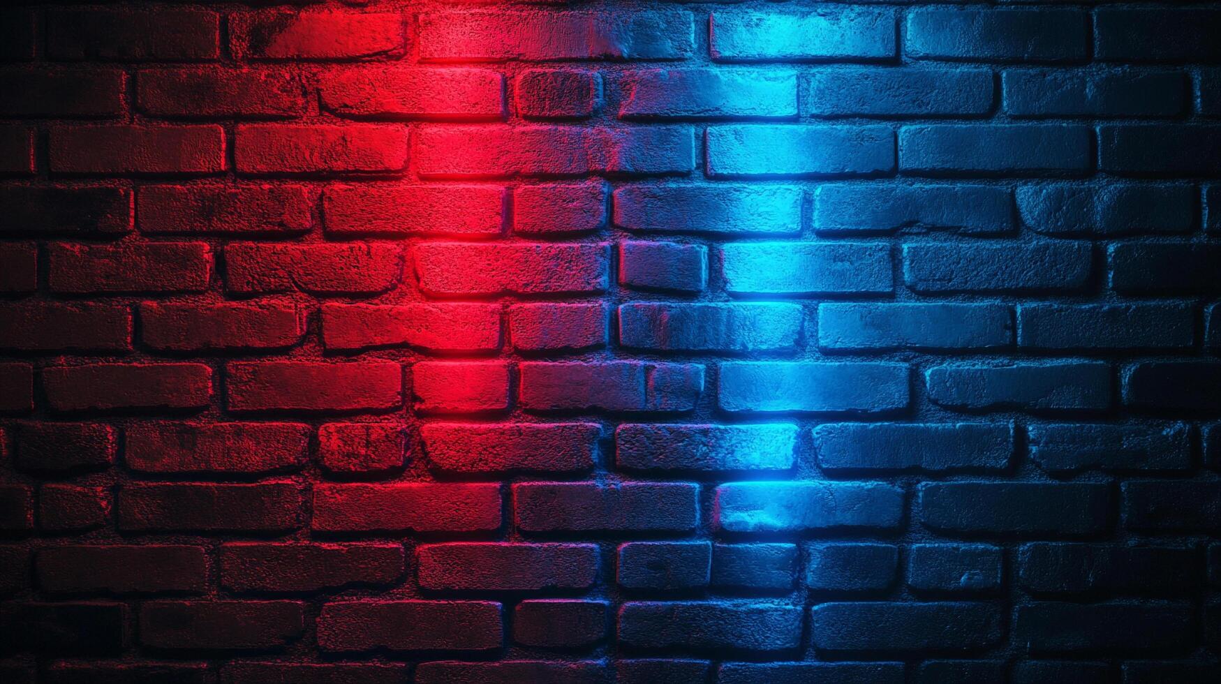 A textured brick wall is bathed in vibrant, contrasting red and blue light, creating a visually striking and dynamic composition. photo