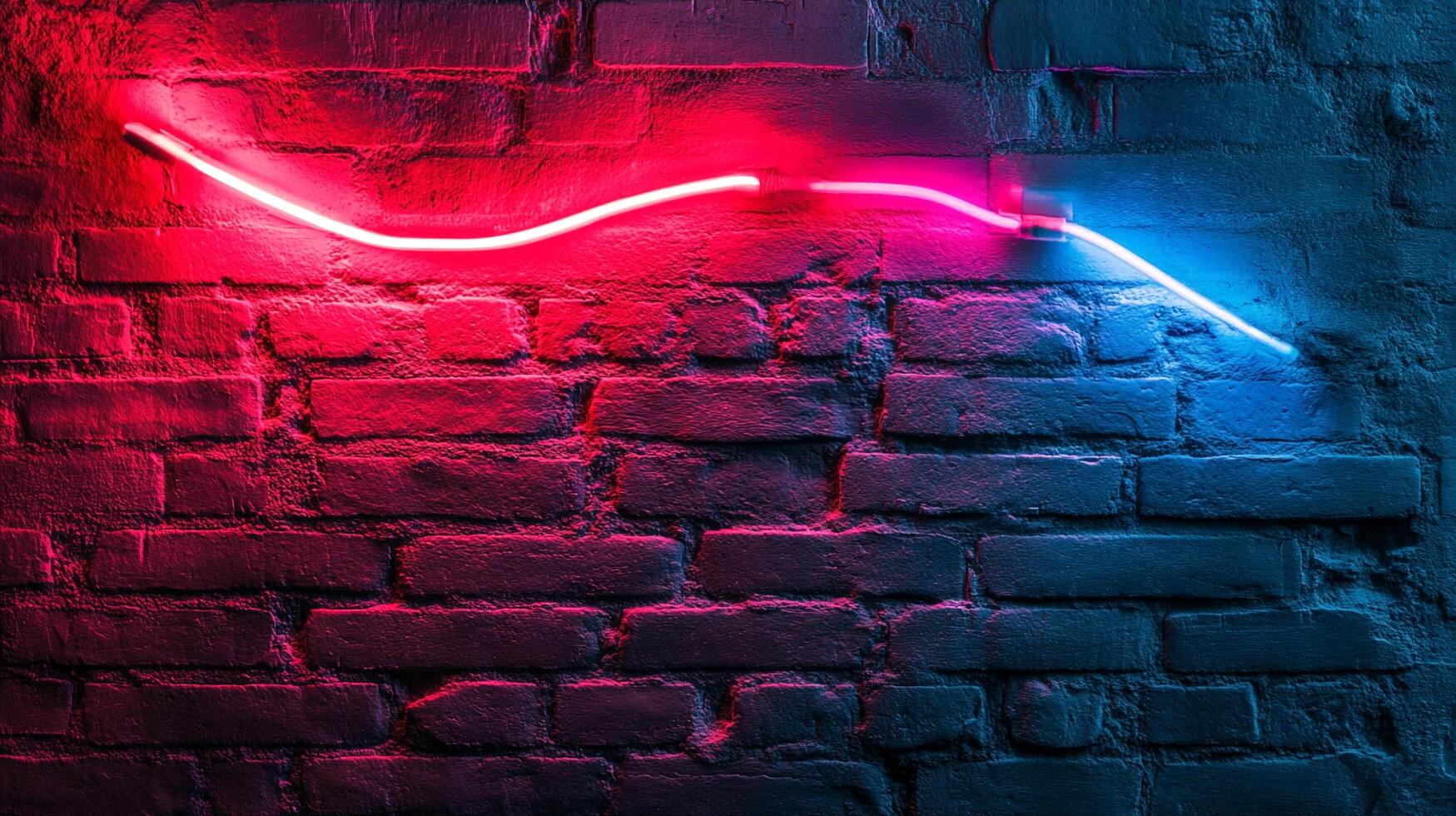 A neon light fixture glows red and blue against an aged brick wall, adding a touch of modern color to a classic construction. photo
