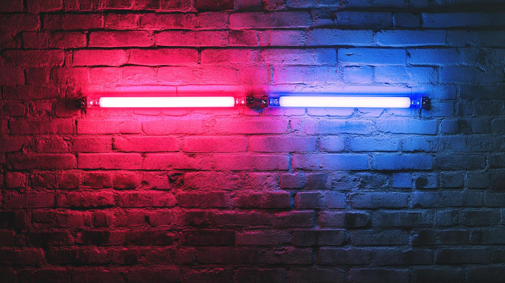 Vibrant red and blue neon tubes illuminating a textured brick wall, creating a captivating, modern atmosphere with contrasting colors. photo