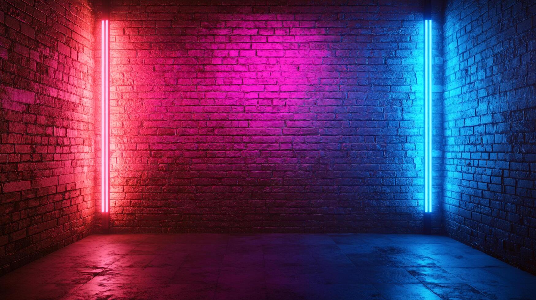 An abstract, low-lit interior corner with brick walls and neon lights, offering a vibrant yet gritty atmosphere for creative projects. photo