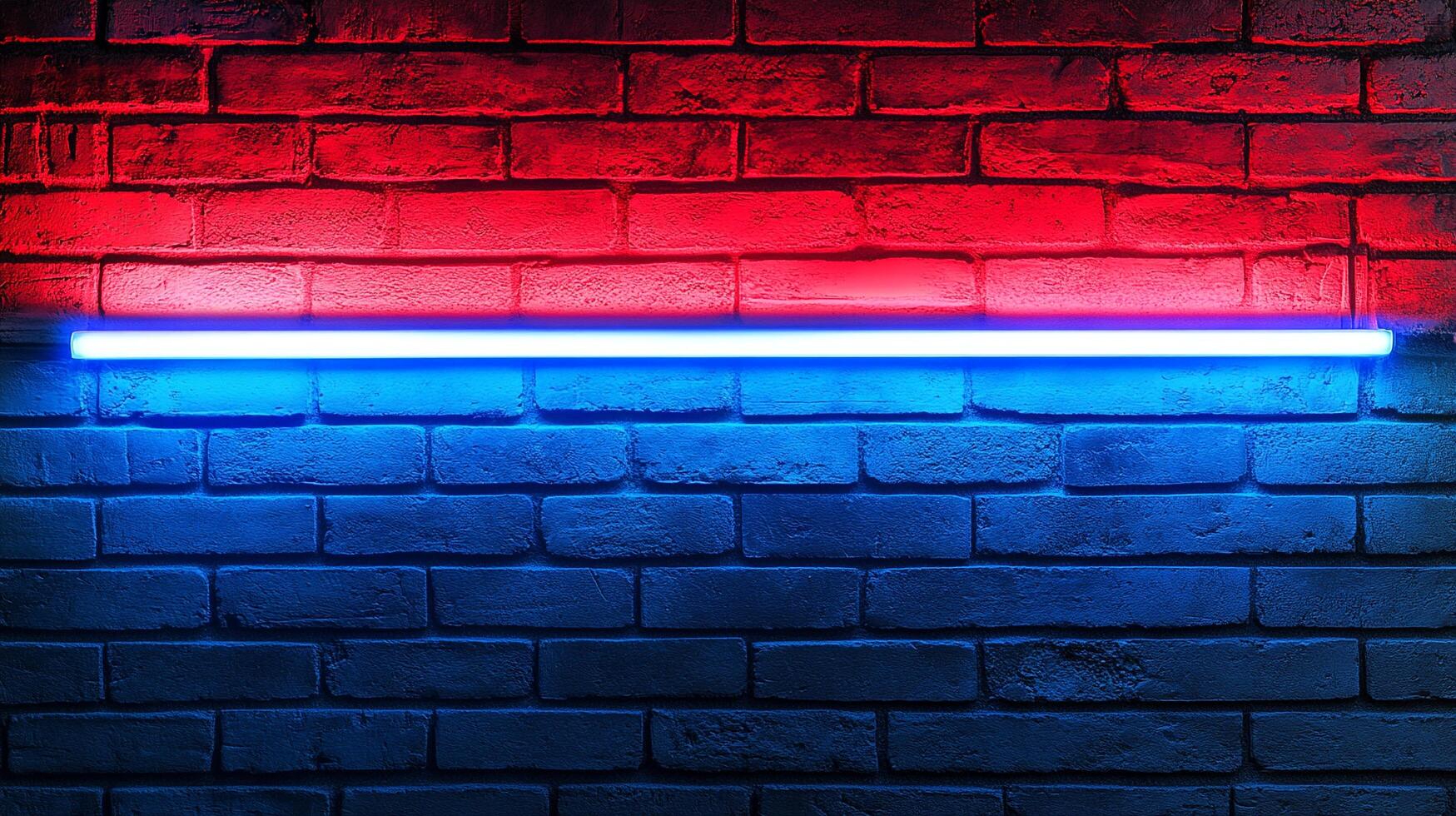 Brick wall adorned with red and blue neon lights creates a striking, high-contrast visual, adding a modern and vibrant touch to the rustic texture. photo