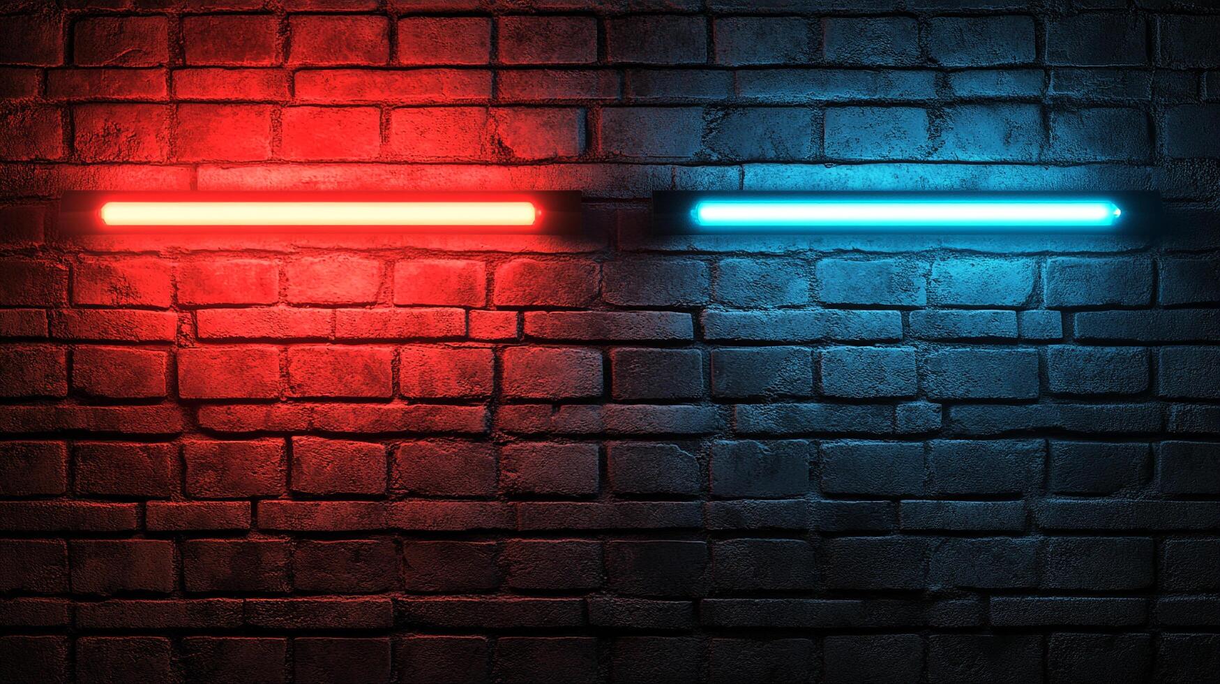 A brick wall with a red light on the left and a blue light on the right creates a stark contrast in color and atmosphere. Abstract. photo