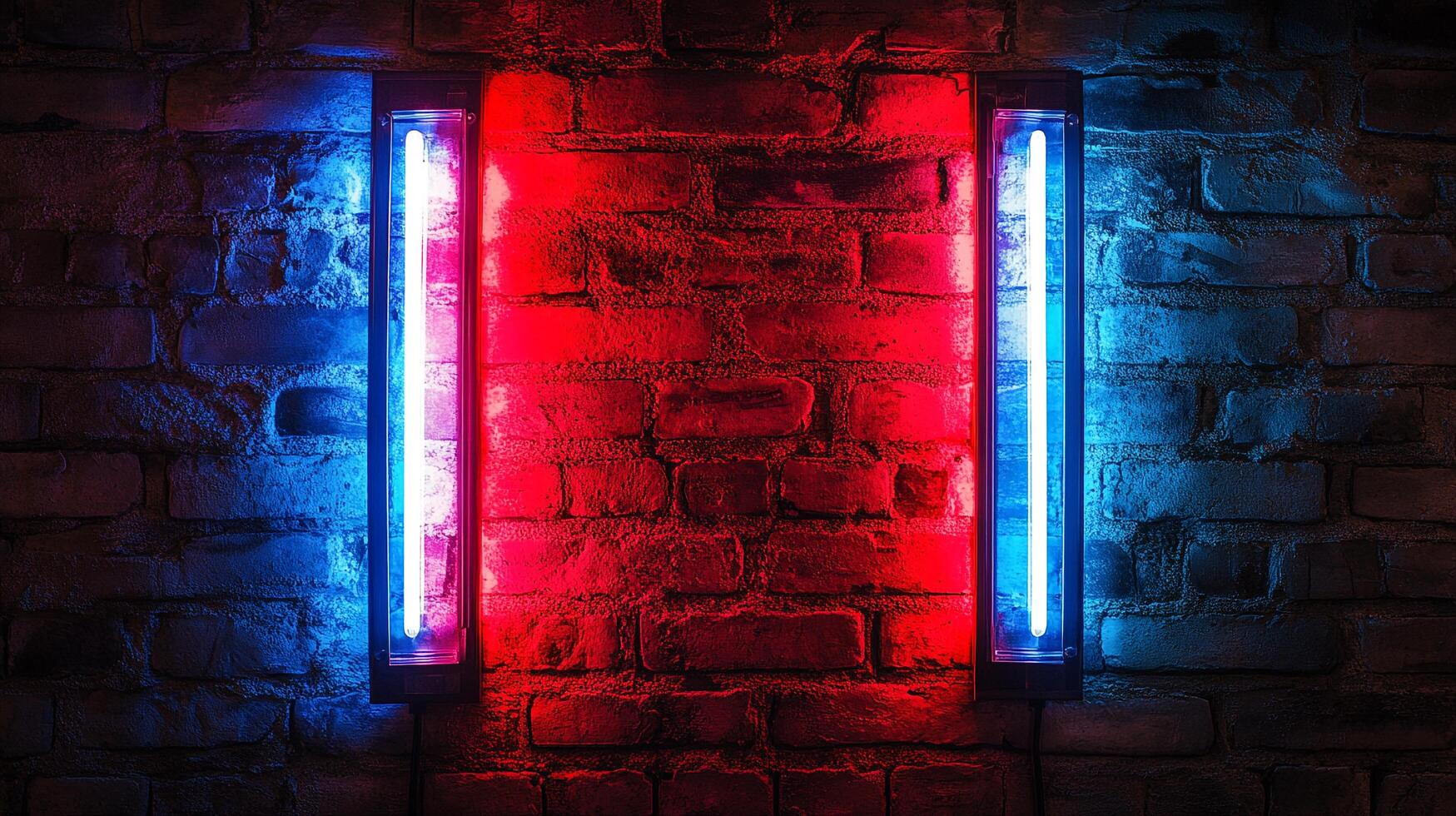 Brick wall with neon lights creating a vibrant and modern aesthetic with contrasting colors. The light highlights wall textures. photo