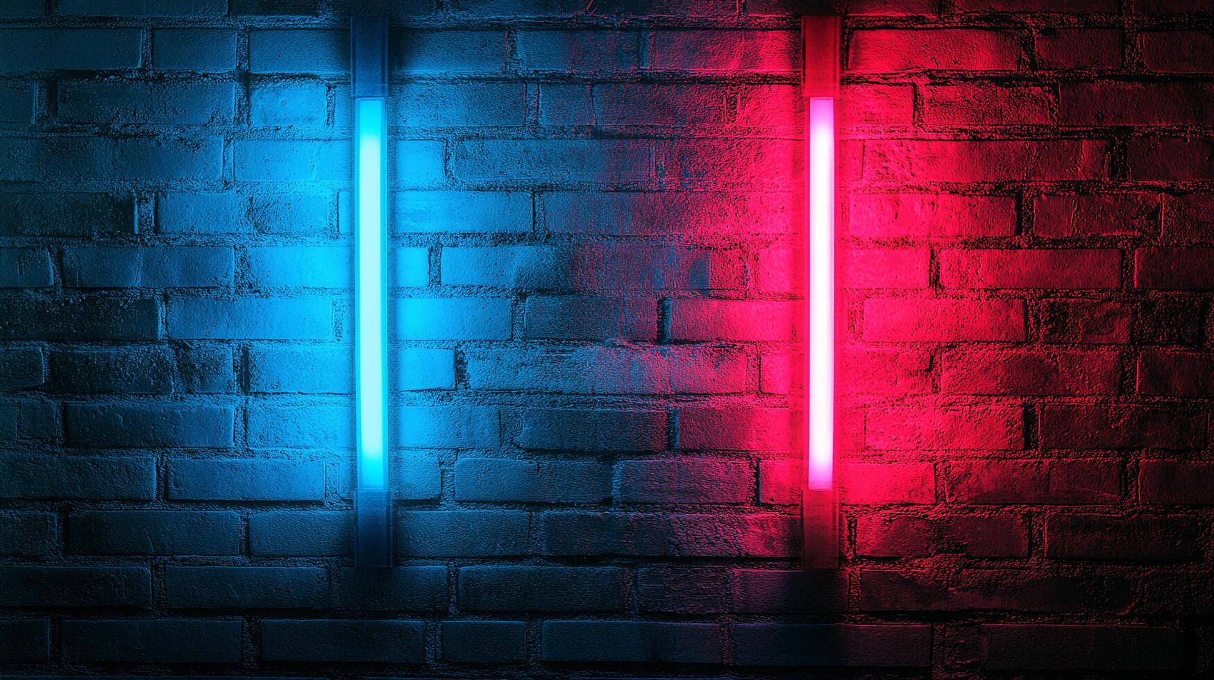 An interior brick wall highlighted by two vertically placed lights, one shining blue light, one shining red light, giving a two-toned effect. photo