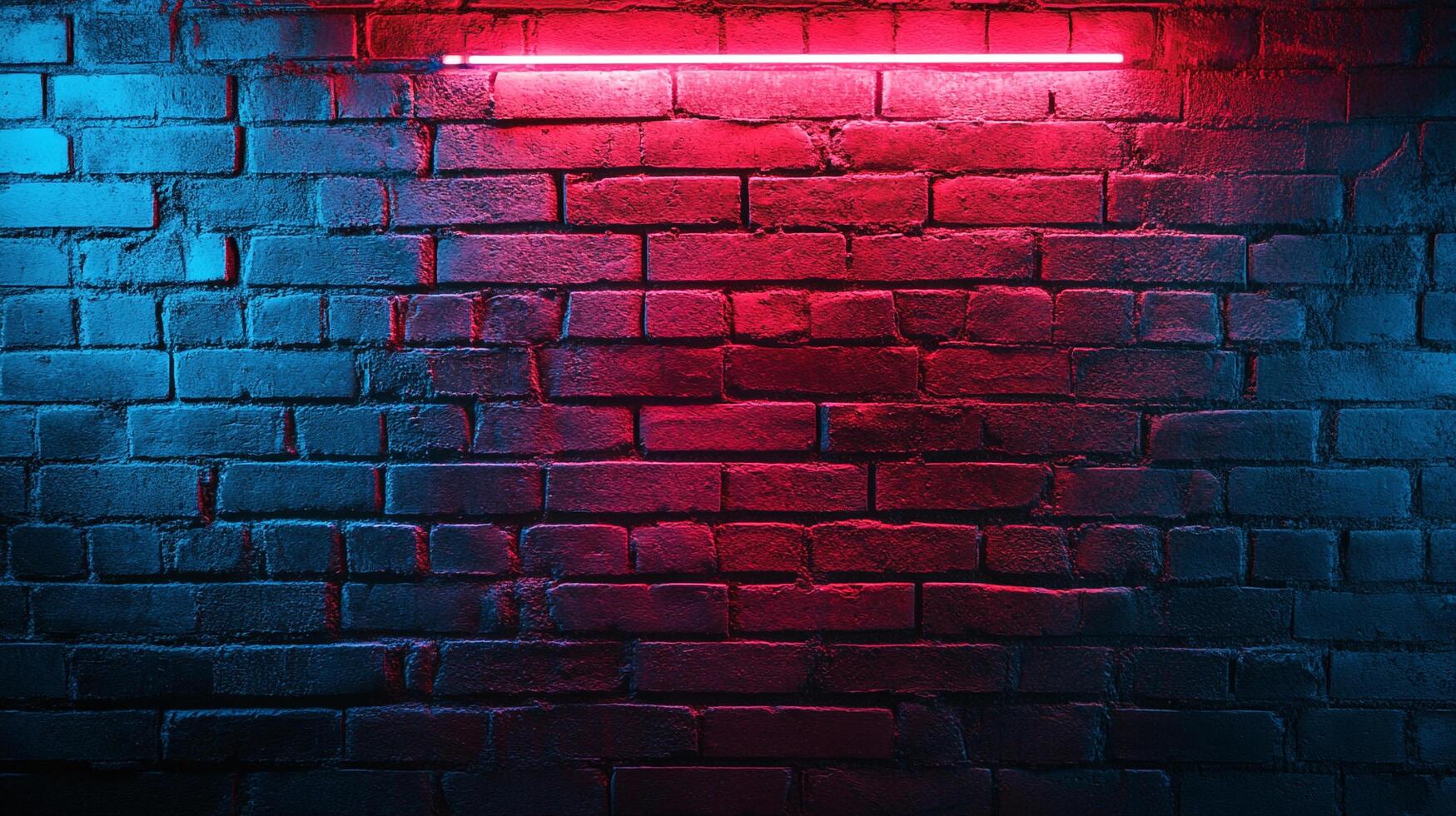 A textured brick wall illuminated by neon lights casting blue and red hues. The brick pattern creates a contrasting light and shadow display. photo