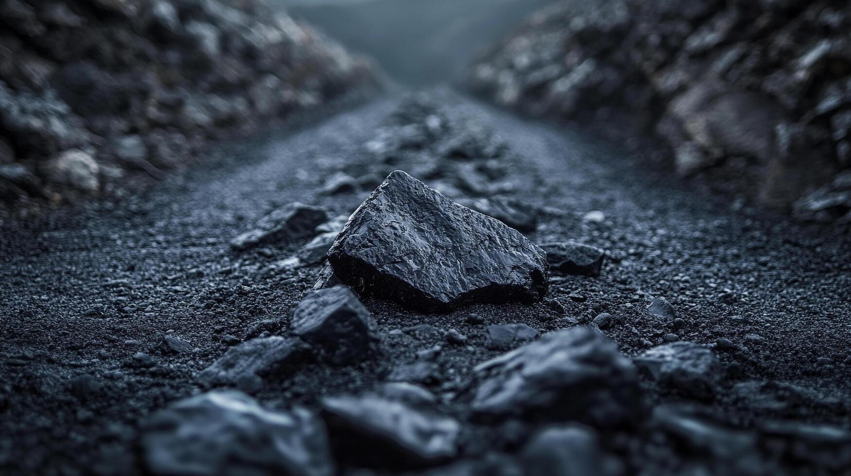 A rock sits prominently on a gravelly path winding through the stark, mountainous landscape. A monochromatic vista. photo