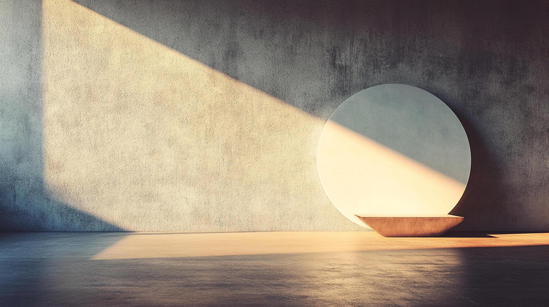 Minimalist backdrop featuring a light-filled space, a round board, and concrete walls, ideal for showcasing a product or design. photo