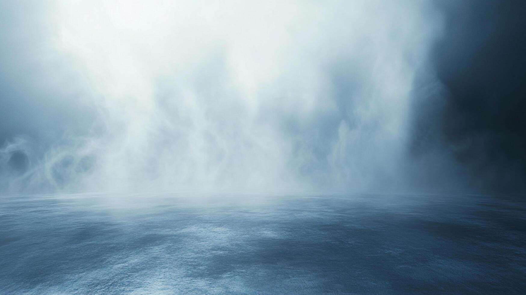 An ethereal fog hangs over a reflective surface, creating a sense of mystery and depth, illuminated by a gentle, diffused light. photo