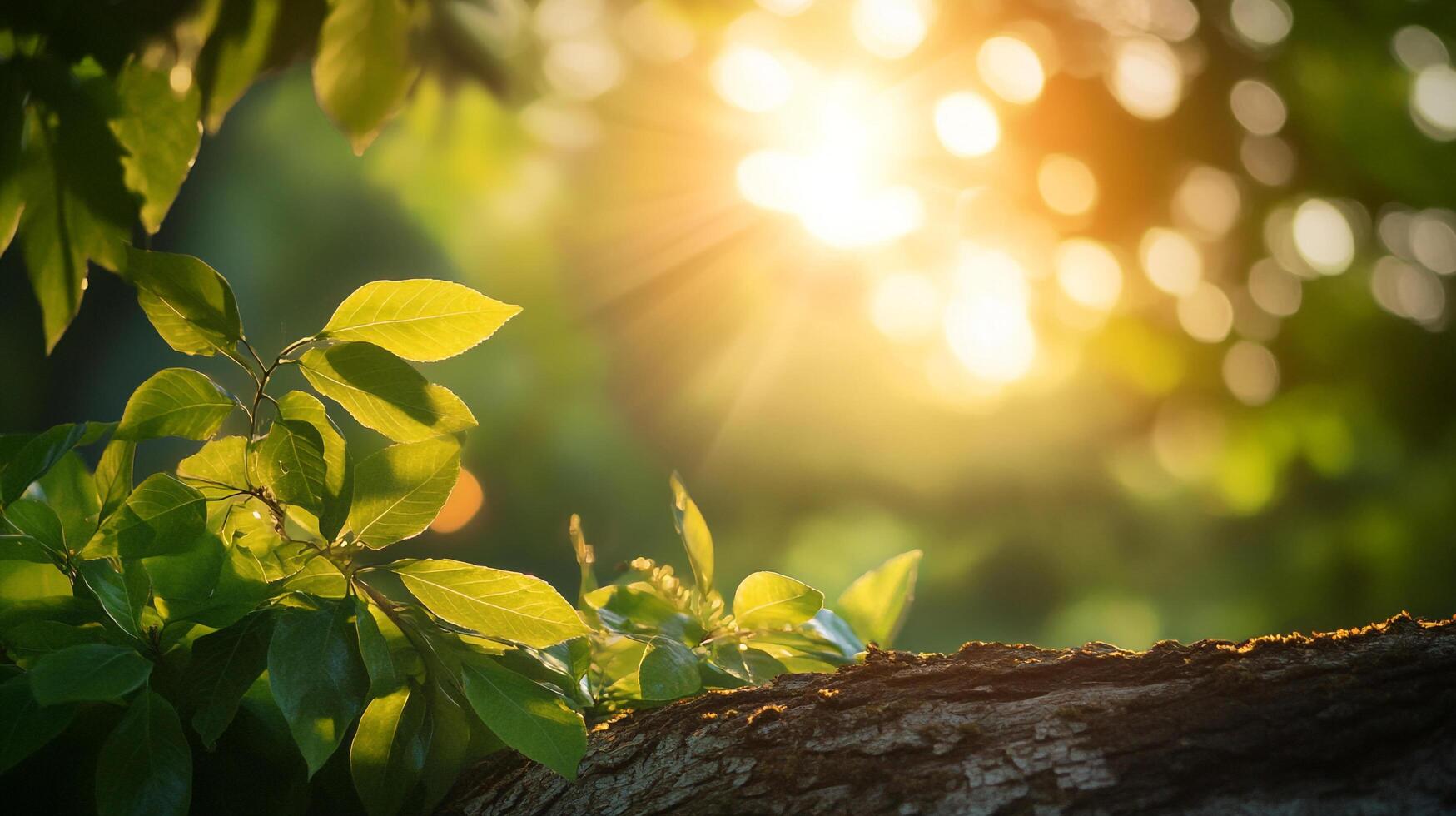 Sunlight streaming through the tree branches, casting a warm glow on the leaves and creating a serene and peaceful atmosphere. photo