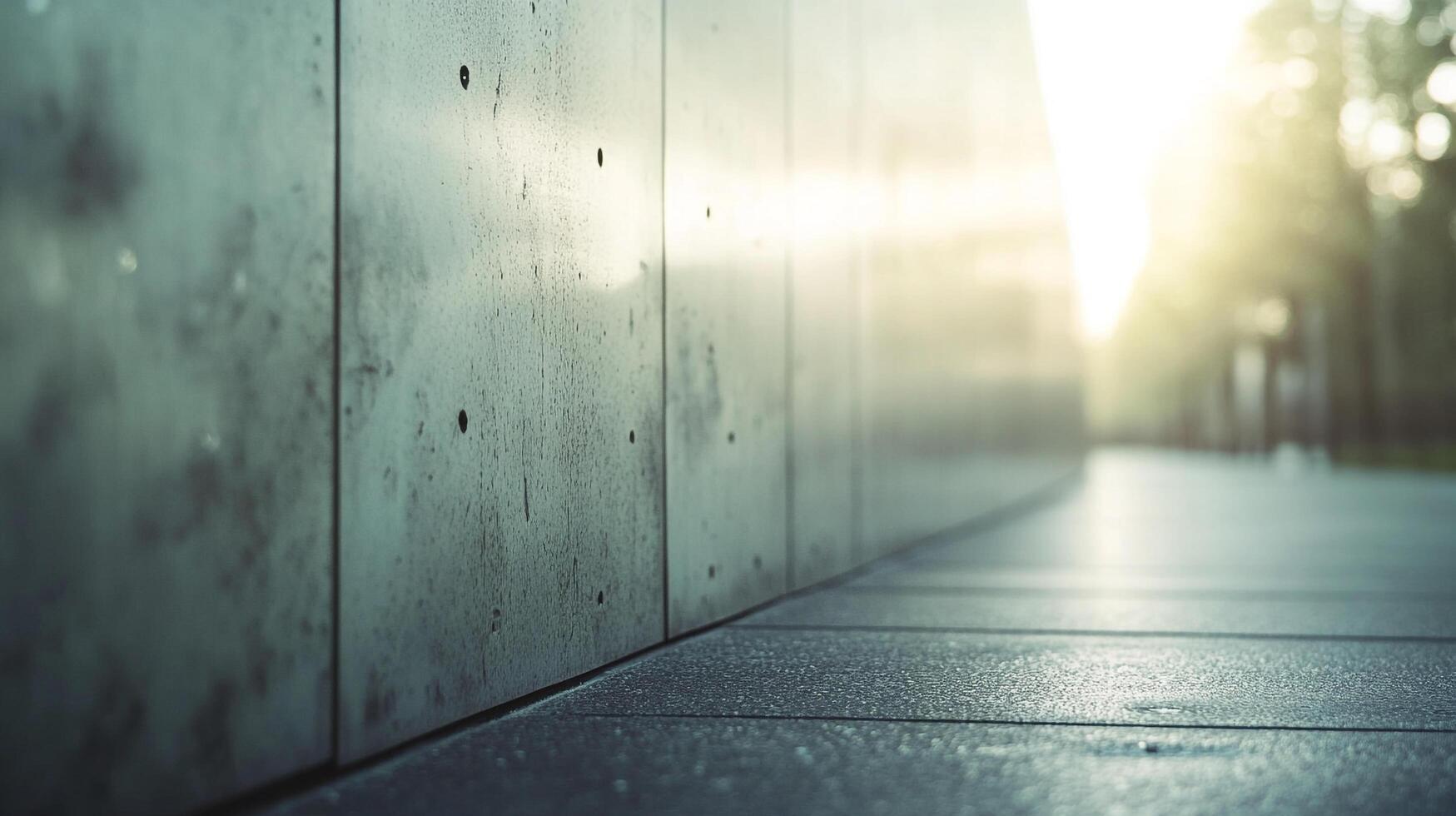 Minimalist architectural detail showcasing a clean, concrete wall against a bright, blurred background of trees and pathway. photo