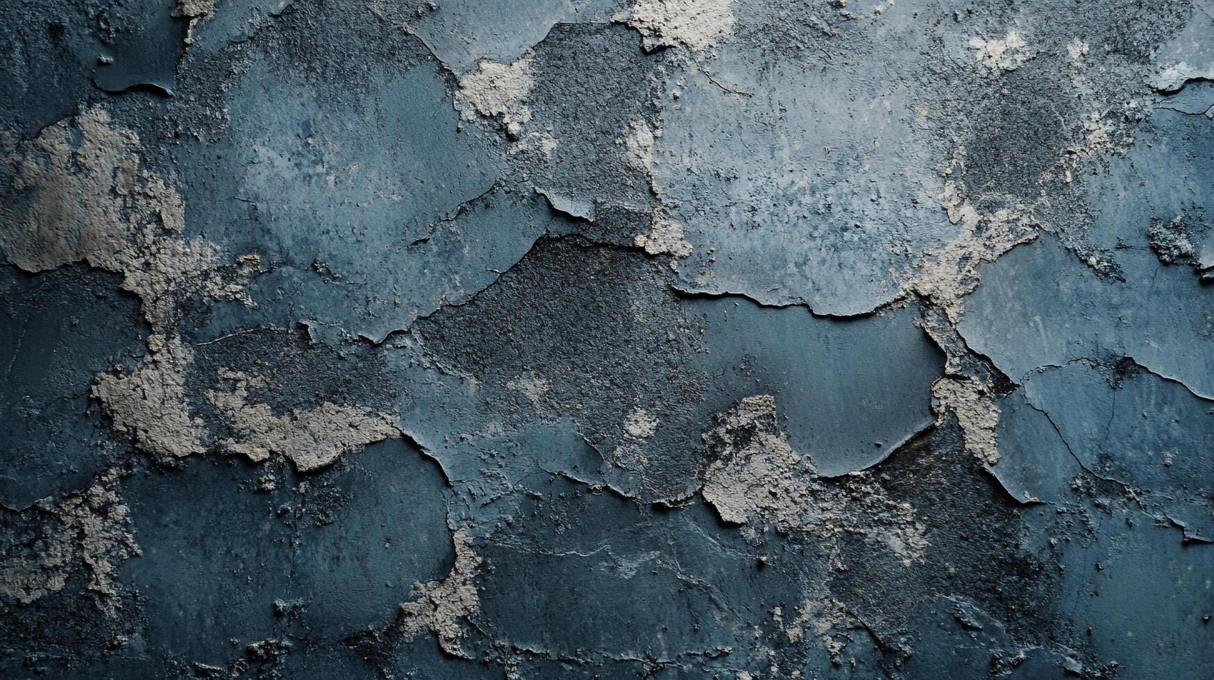 Cracked blue wall with peeling plaster, exposing texture and age. A weathered surface showing decay and unique patterns. photo