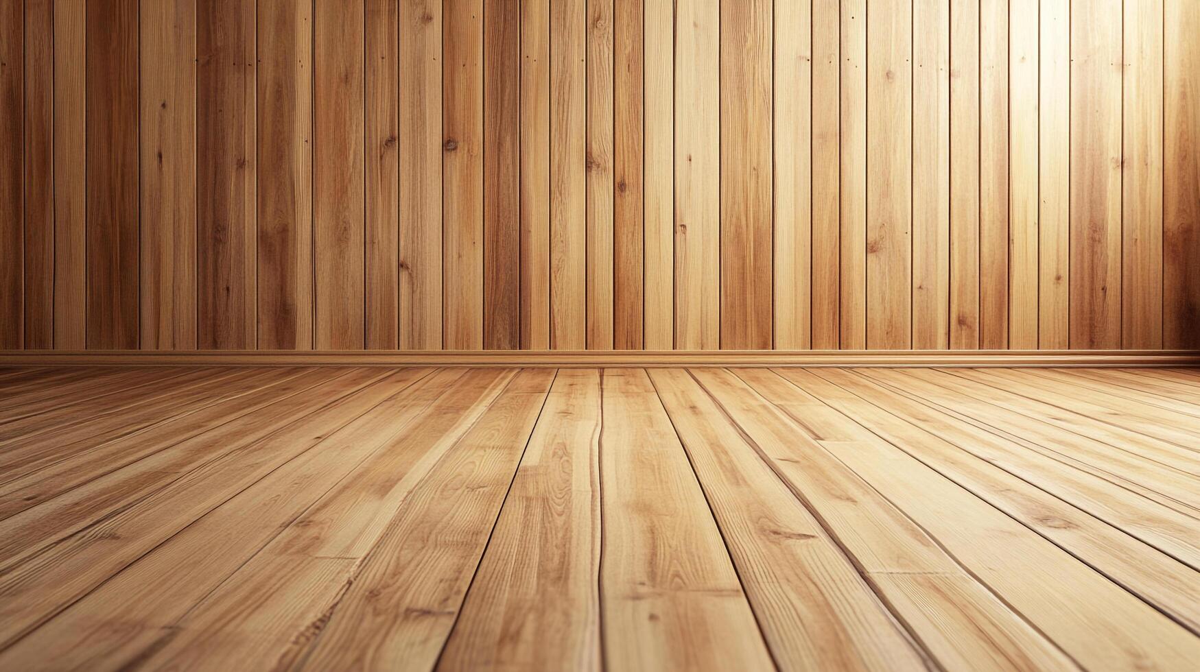 Stylish wood paneling and flooring create a warm and inviting space, perfect for showcasing furniture or adding a touch of rustic charm. photo