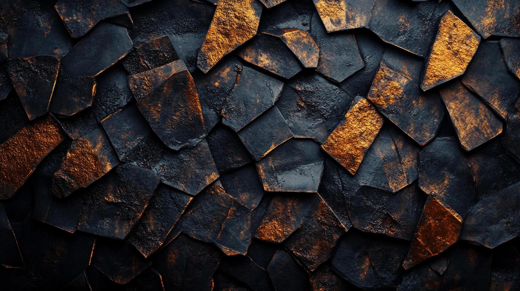 Abstract mosaic of dark, angular tiles with golden highlights creates a textured, organic pattern reminiscent of dragon scales. photo
