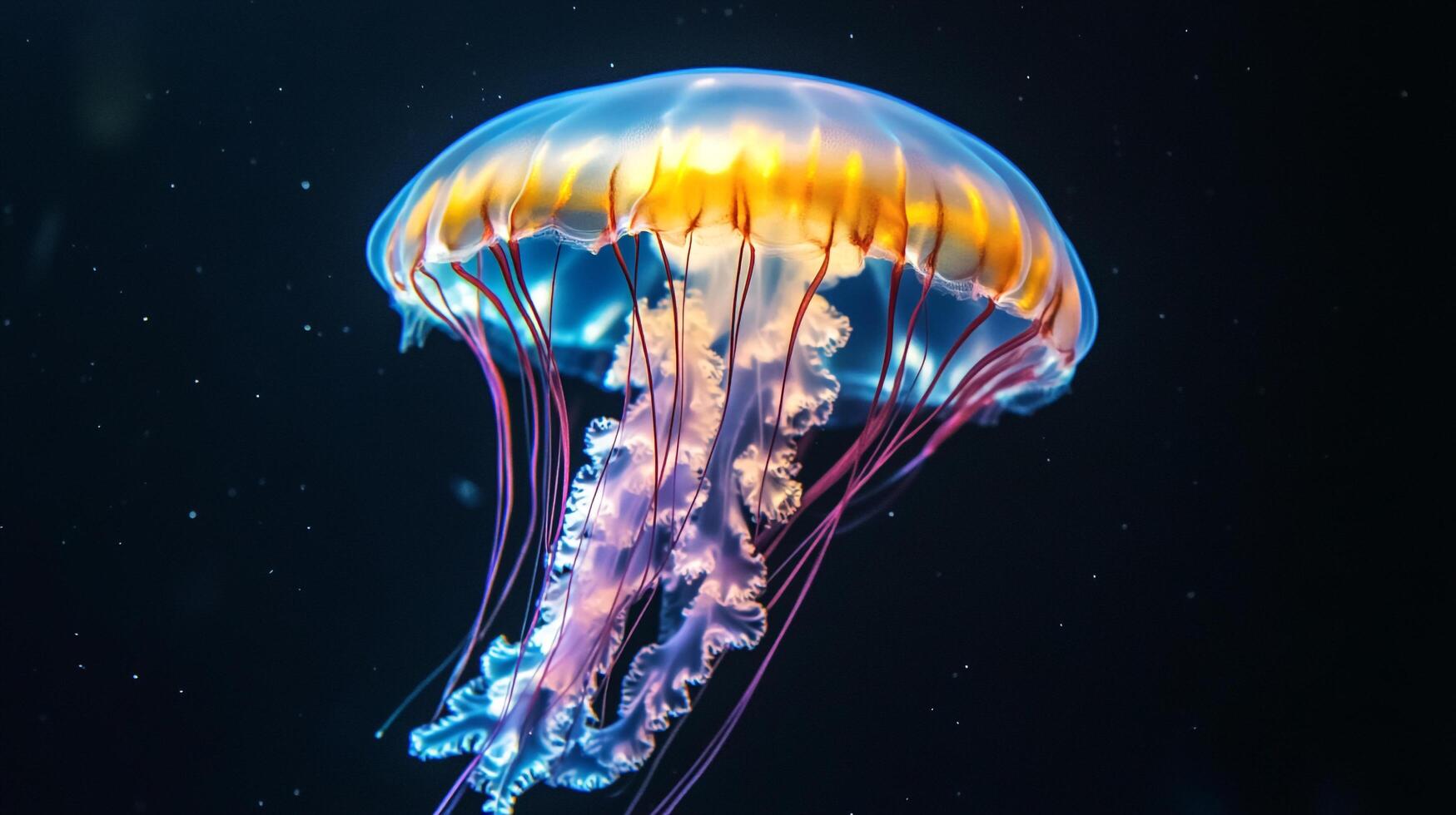 Jellyfish is floating in the dark water. The jellyfish is orange and white. The jellyfish is surrounded by a lot of water photo