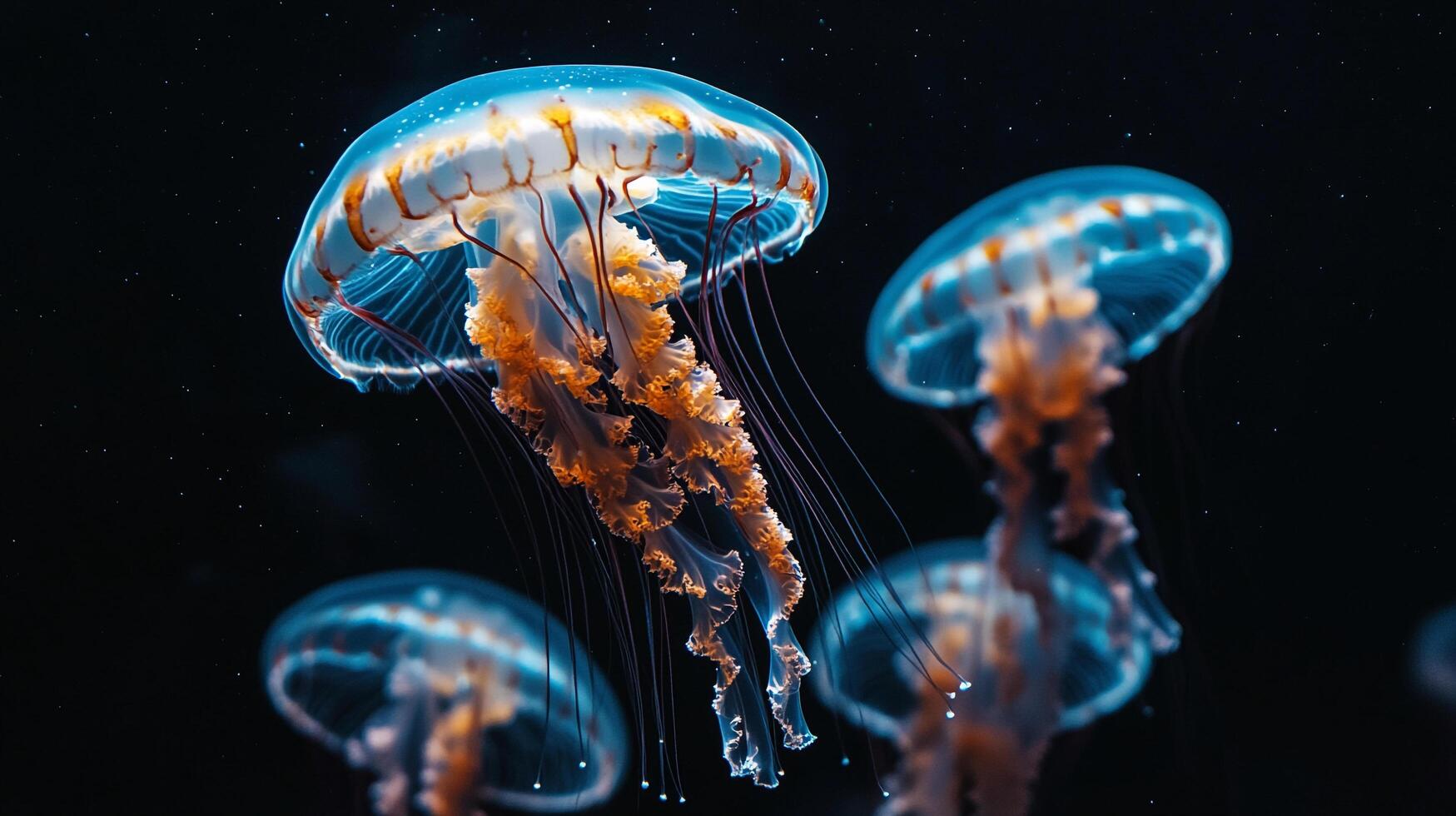 Three jellyfish are swimming in the dark blue water, their bodies glowing with a mix of orange and blue hues. The water is deep and mysterious, with no signs of life visible photo