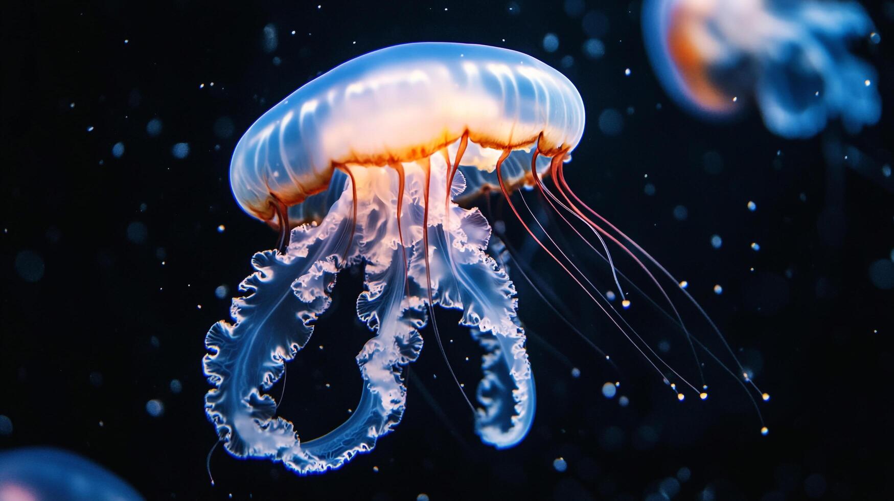 Jellyfish is floating in the water. The jellyfish is blue and orange. The jellyfish is surrounded by water droplets photo