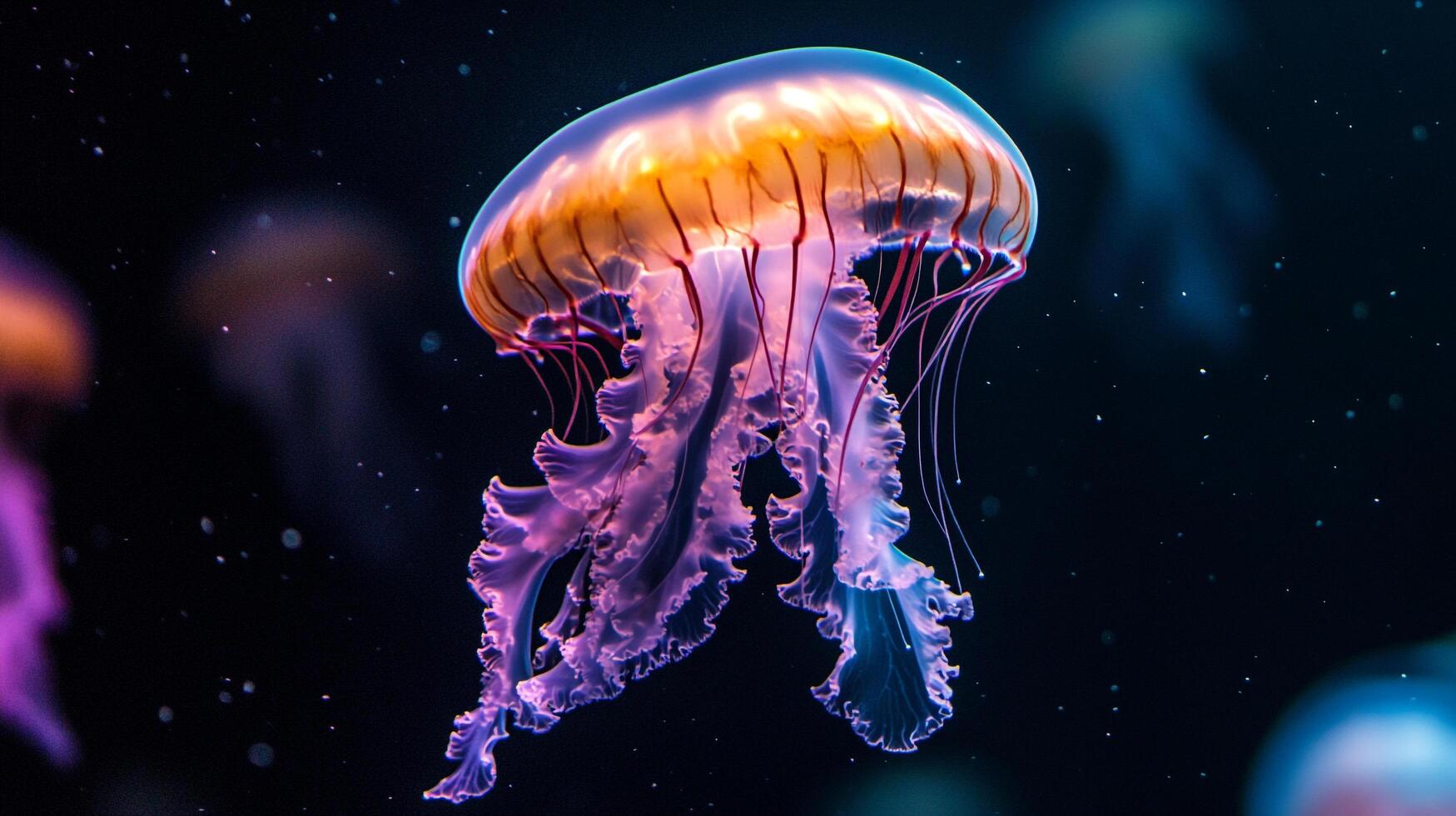 Jellyfish is floating in the water with a purple and orange color. The jellyfish is surrounded by other jellyfish, creating a sense of depth and movement. The image evokes a feeling of tranquility photo