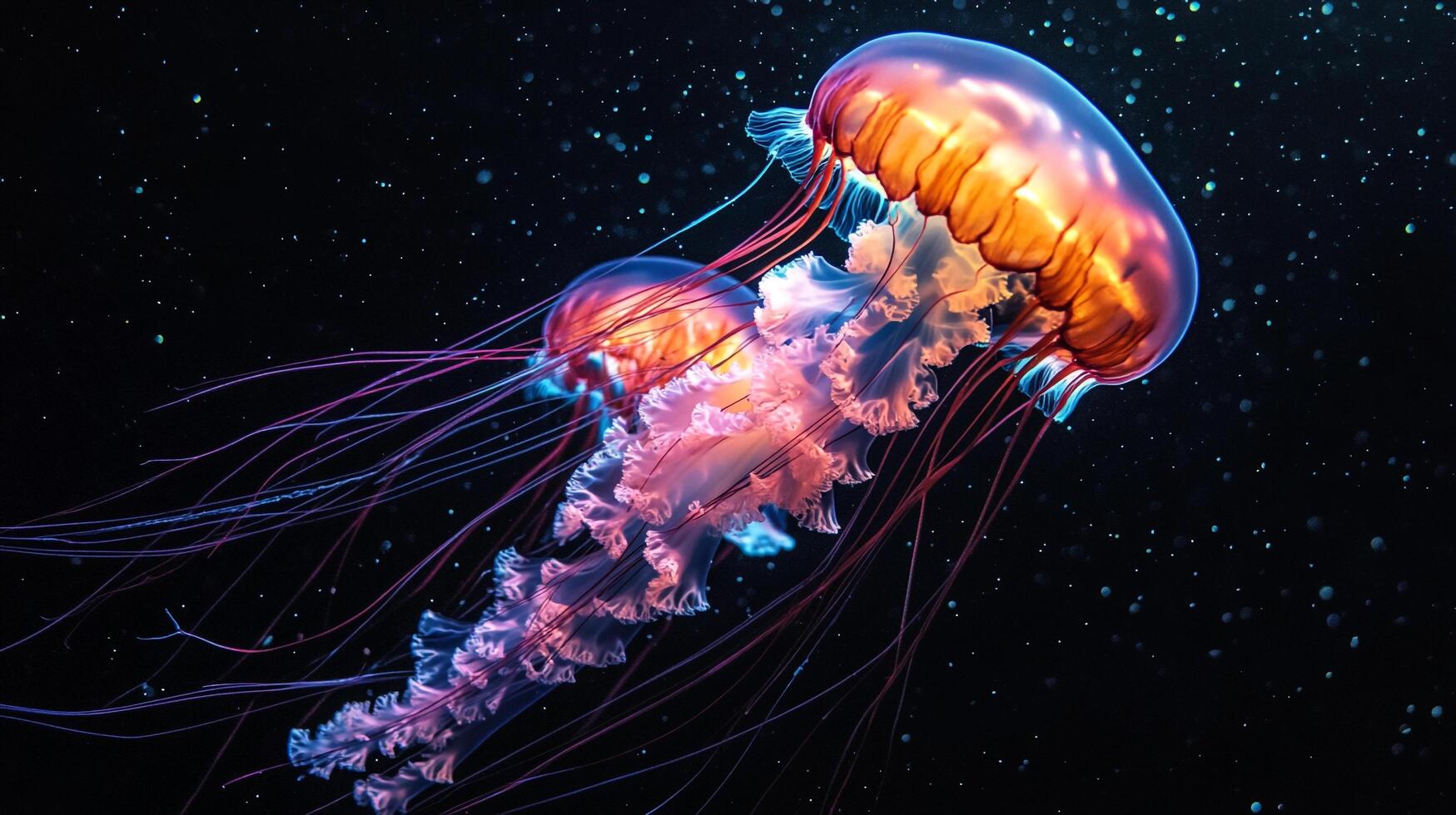 Jellyfish is floating in the dark sky. The jellyfish is orange and pink. The sky is dark and the jellyfish is the only light in the scene photo
