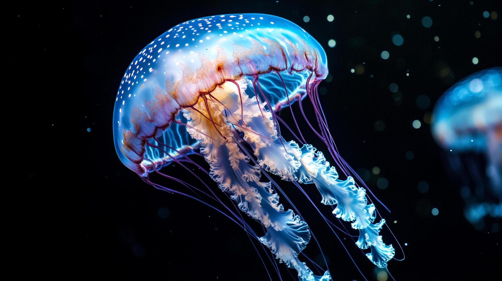 Jellyfish is floating in the water. The jellyfish is blue and white. The jellyfish is surrounded by a dark background photo