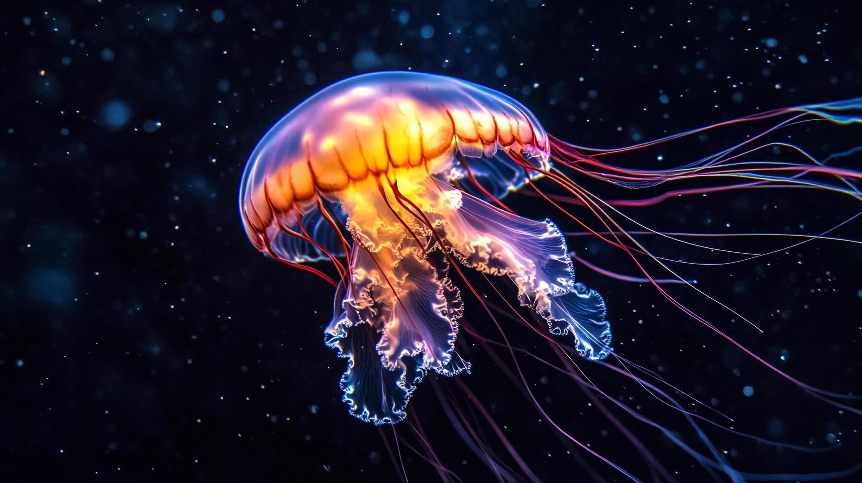 Jellyfish is floating in the dark ocean. The jellyfish is orange and blue. The jellyfish is surrounded by a lot of stars photo