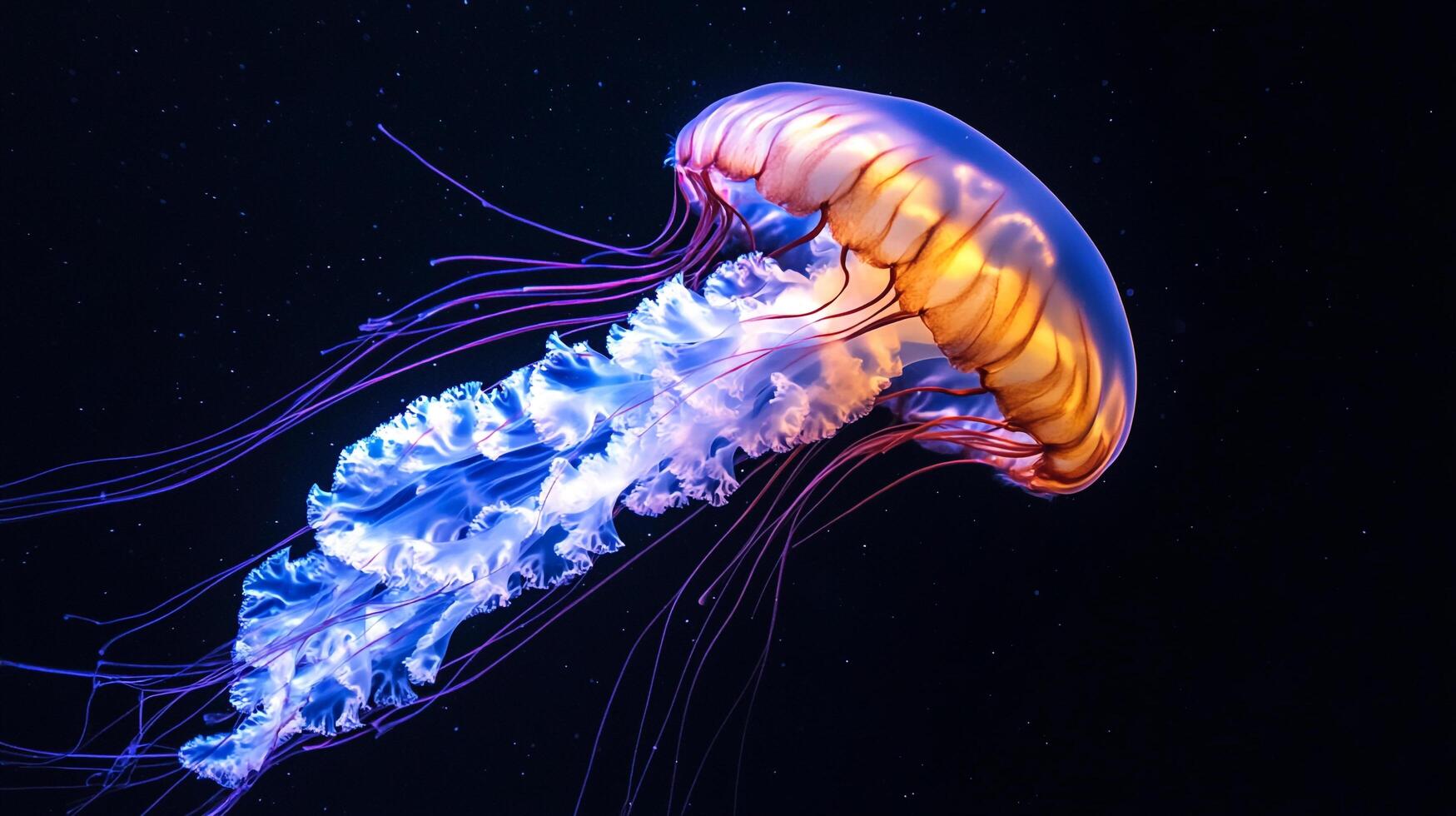 Jellyfish is floating in the dark water. The jellyfish is orange and blue. The water is dark and the jellyfish is the only thing visible photo