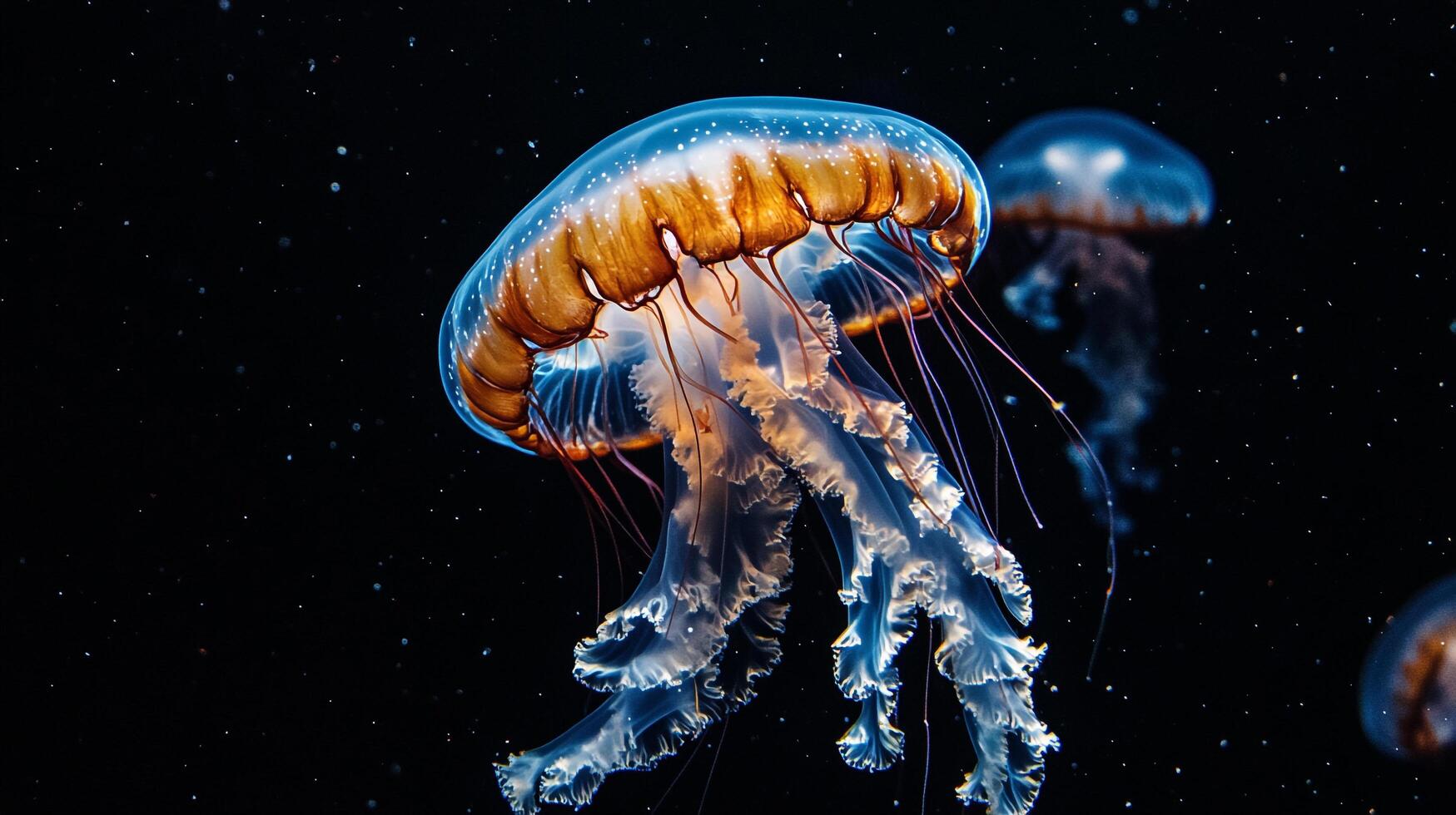 Jellyfish is floating in the dark water. The jellyfish is orange and blue. The jellyfish is surrounded by a dark background photo