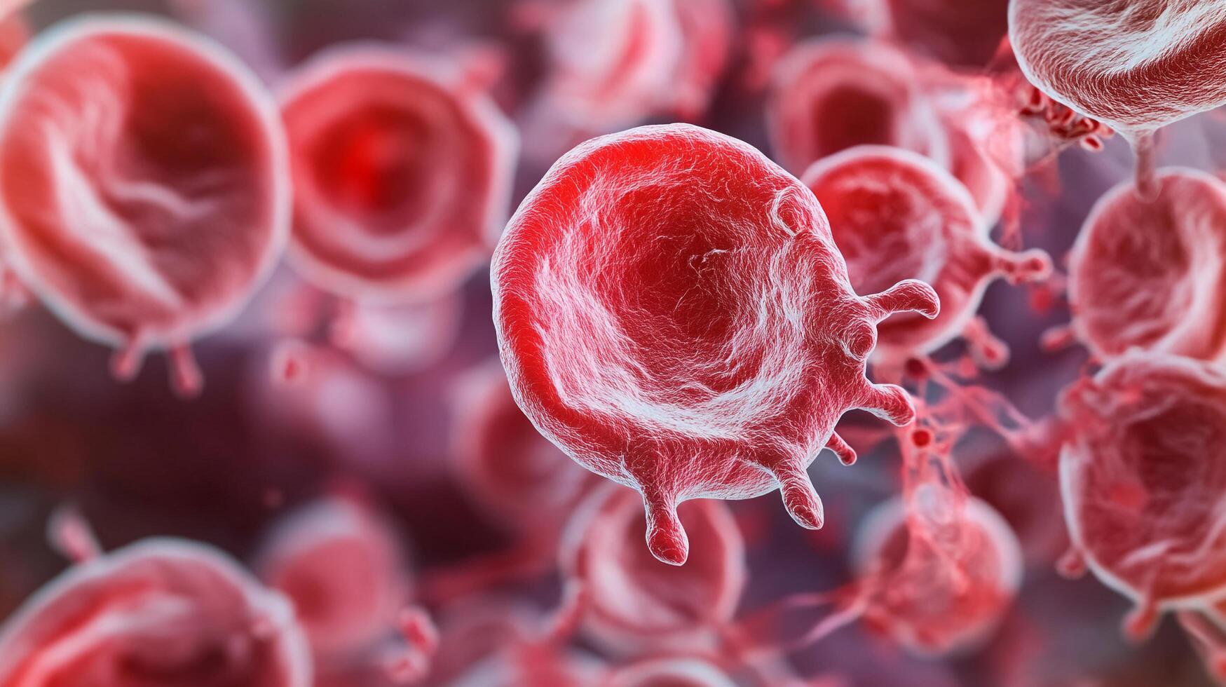 Close up of red blood cells with a red blob in the middle. The red blob is a cell that is not fully formed photo