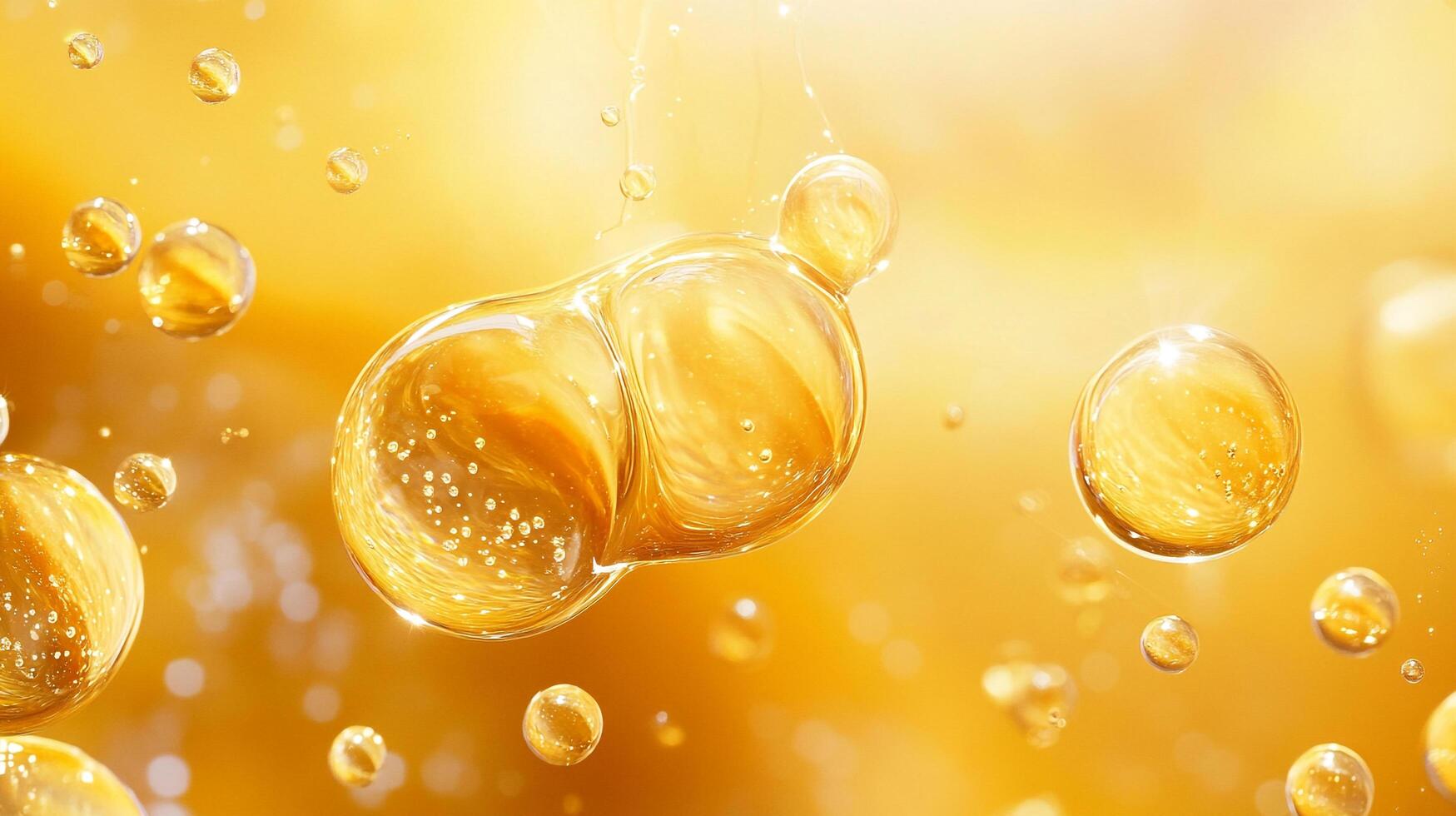 Two large bubbles of liquid, one of which is yellow. The bubbles are floating in the air, creating a sense of lightness and playfulness photo